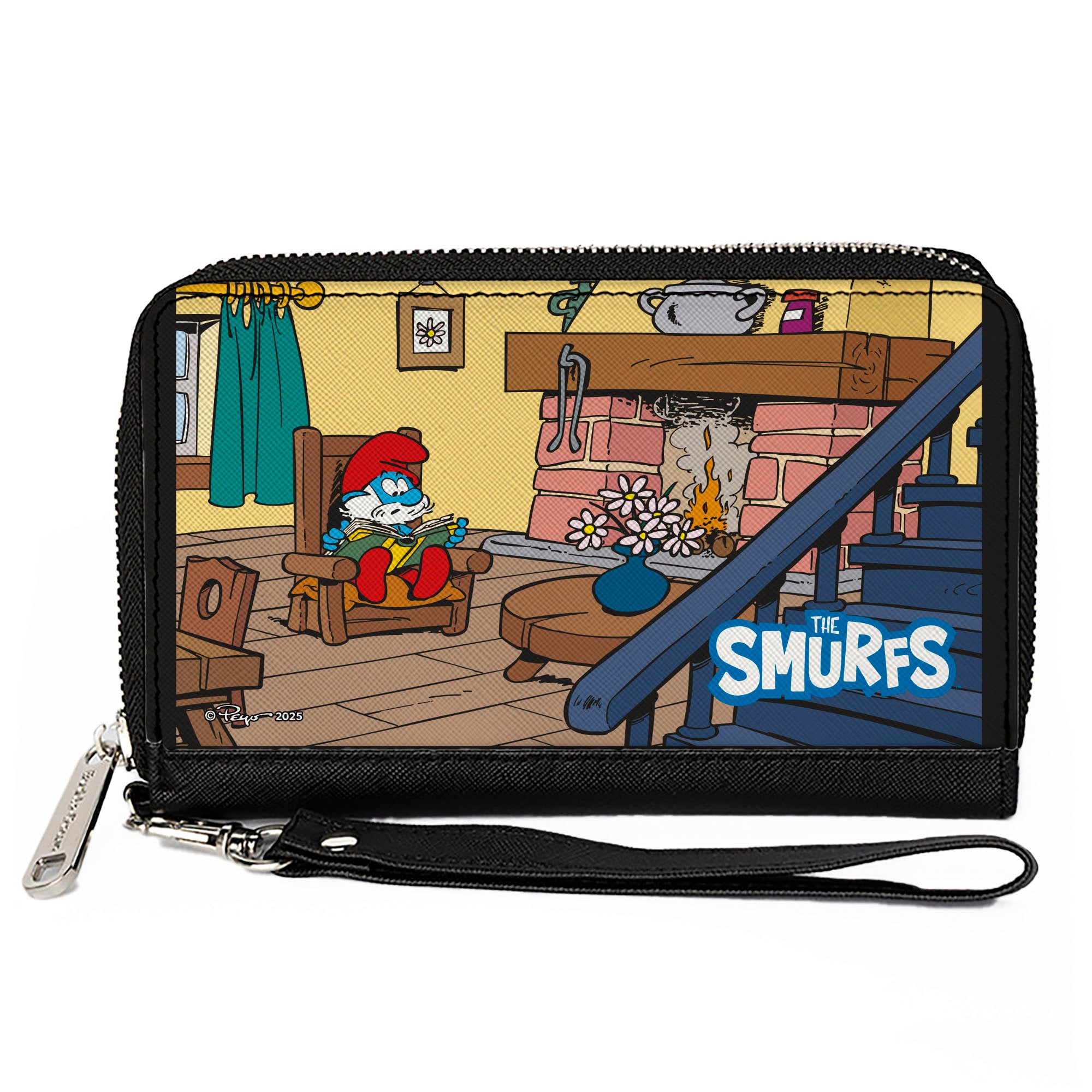 PU Zip Around Wallet Rectangle - THE SMURFS Papa Smurf Fireplace Reading Scene and Title Logo Clutch Zip Around Wallets The Smurfs