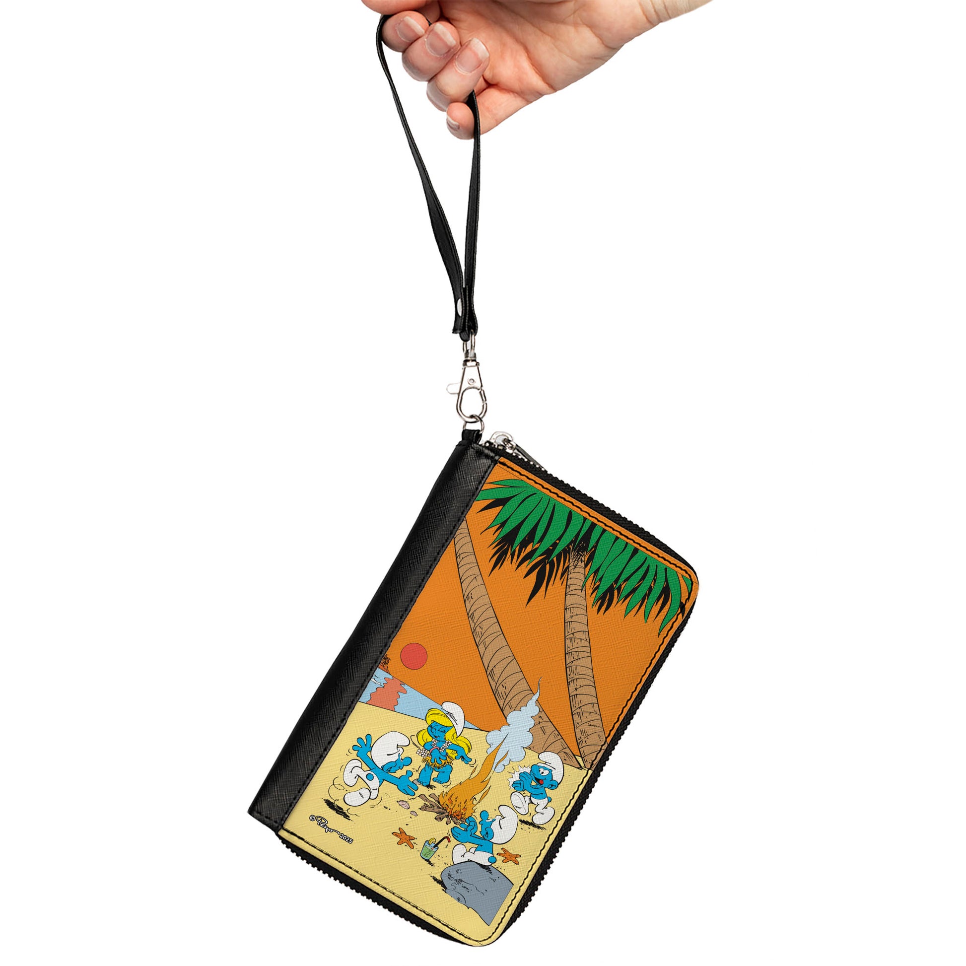 PU Zip Around Wallet Rectangle - The Smurfs Summer Bonfire Sunset Scene Clutch Zip Around Wallets The Smurfs