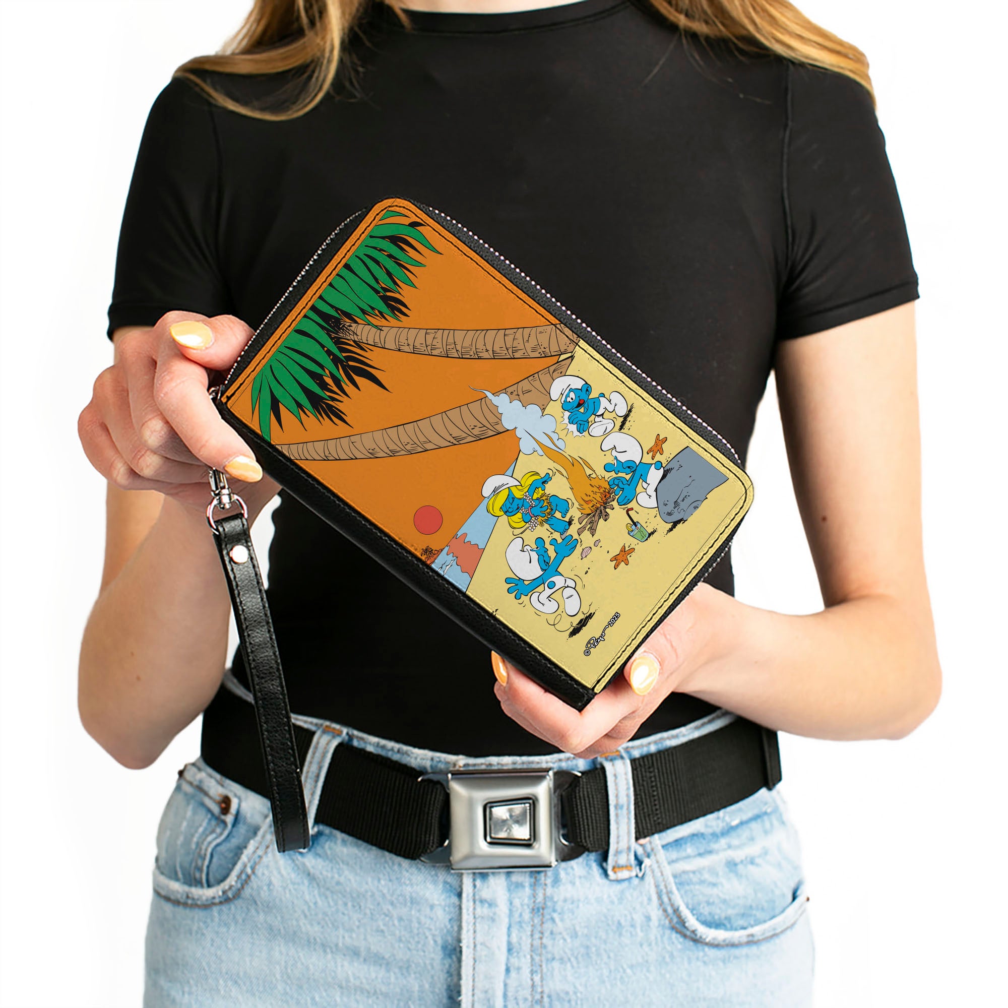 PU Zip Around Wallet Rectangle - The Smurfs Summer Bonfire Sunset Scene Clutch Zip Around Wallets The Smurfs