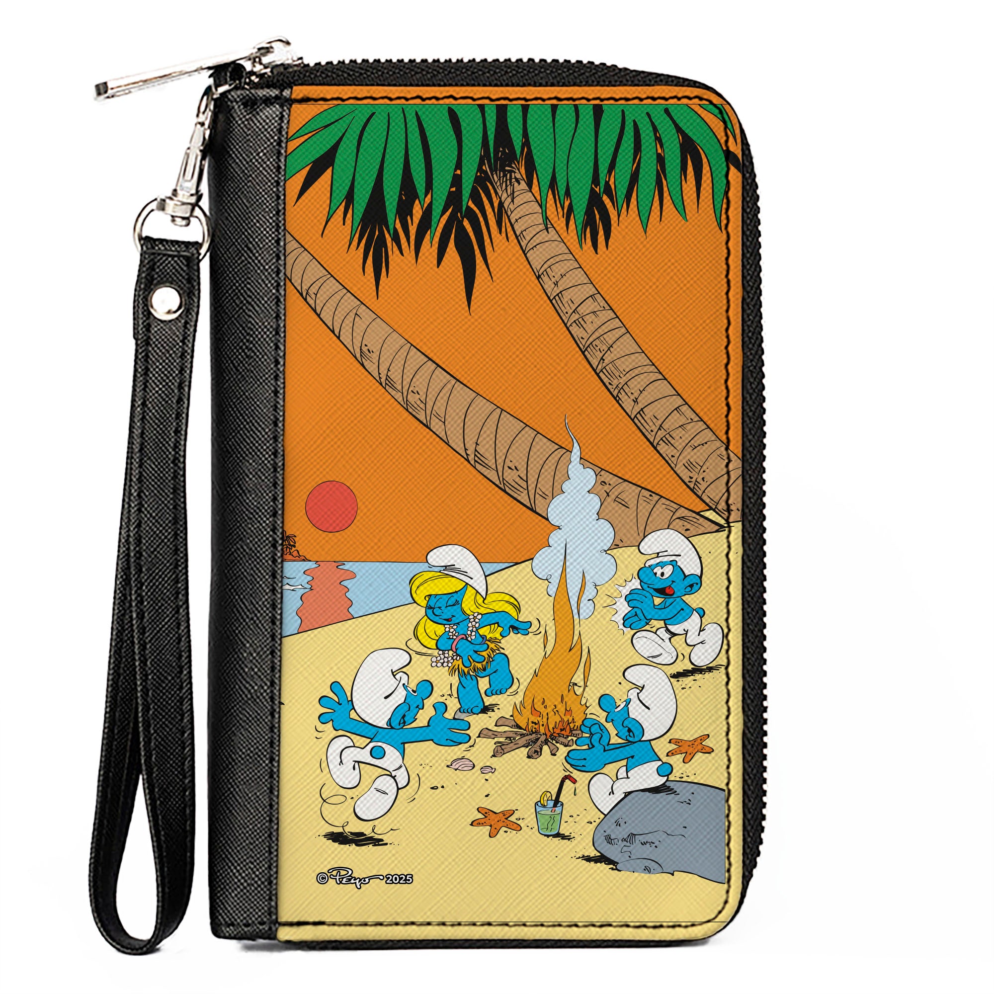 PU Zip Around Wallet Rectangle - The Smurfs Summer Bonfire Sunset Scene Clutch Zip Around Wallets The Smurfs