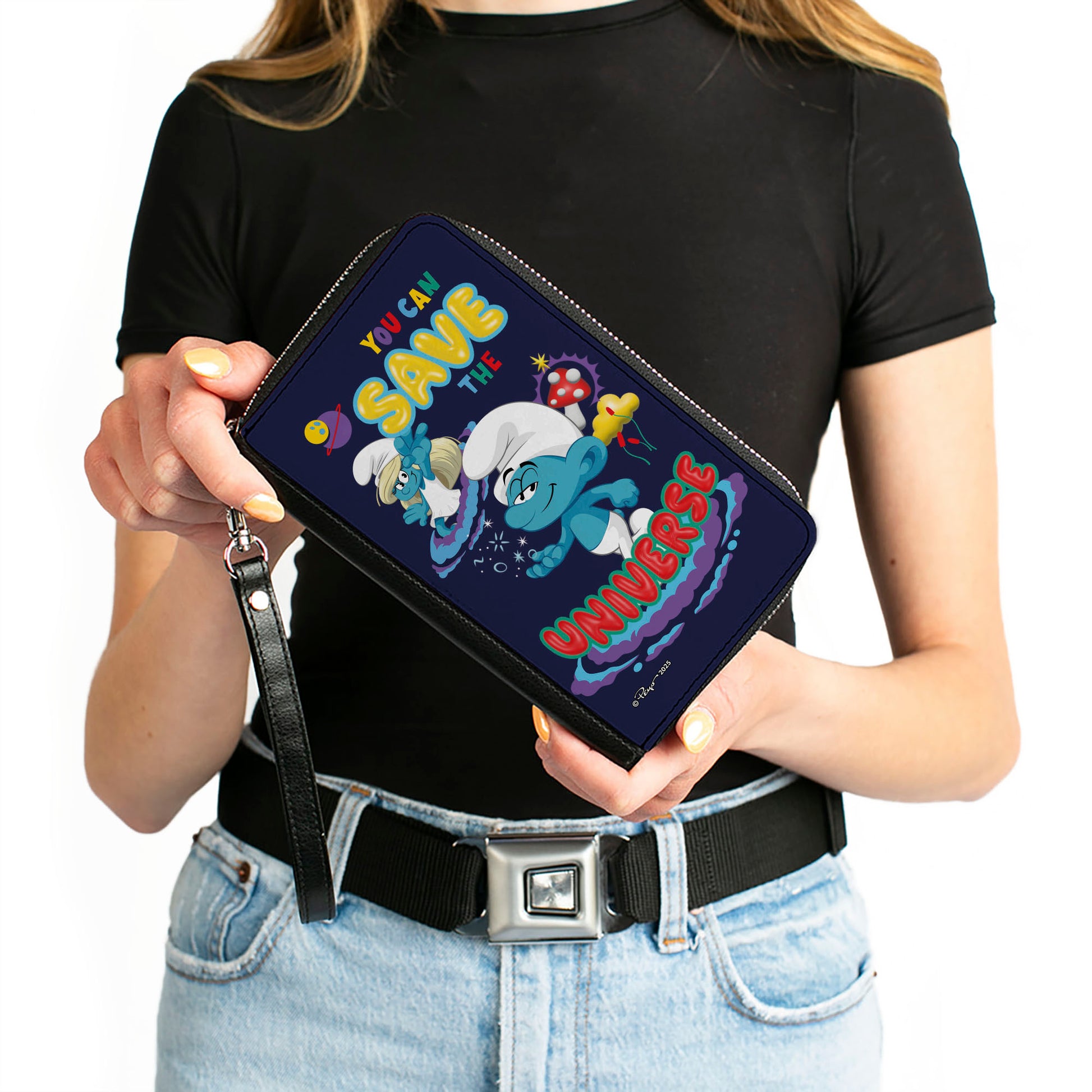 PU Zip Around Wallet Rectangle - The Smurfs Movie YOU CAN SAVE THE UNIVERSE Pose Blue Clutch Zip Around Wallets The Smurfs