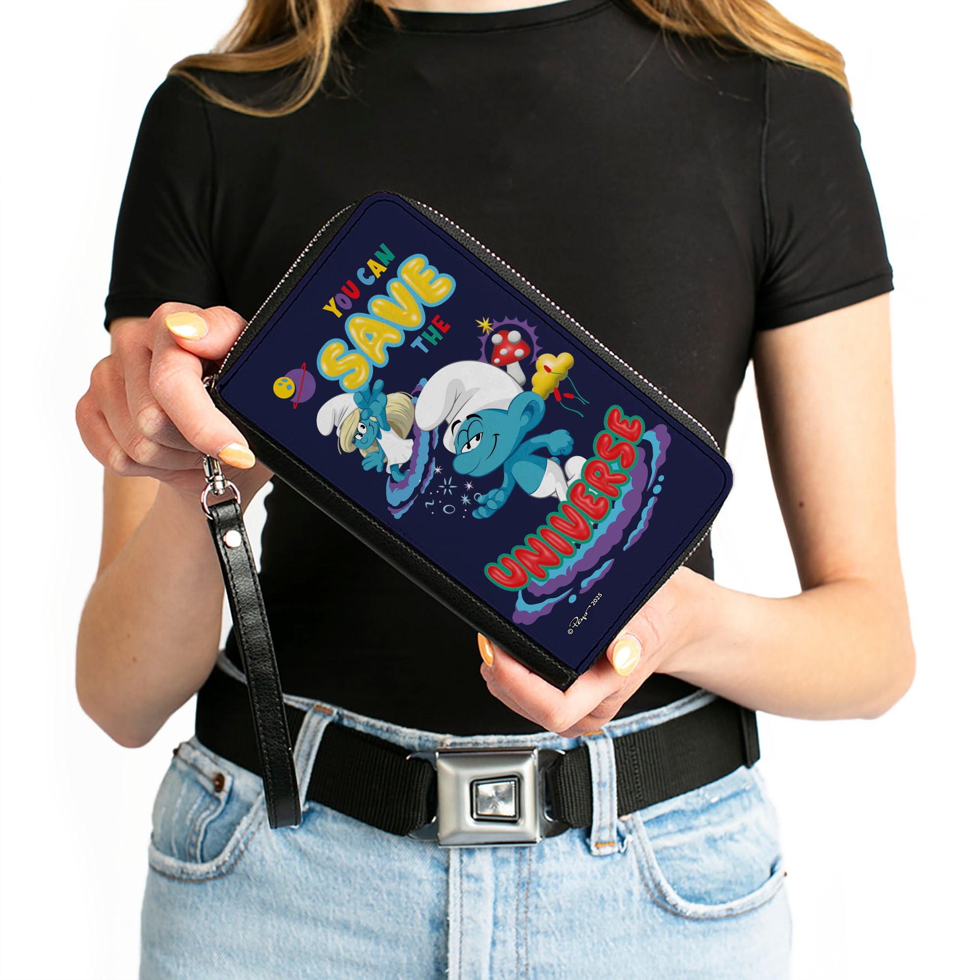 PU Zip Around Wallet Rectangle - The Smurfs Movie YOU CAN SAVE THE UNIVERSE Pose Blue Clutch Zip Around Wallets The Smurfs