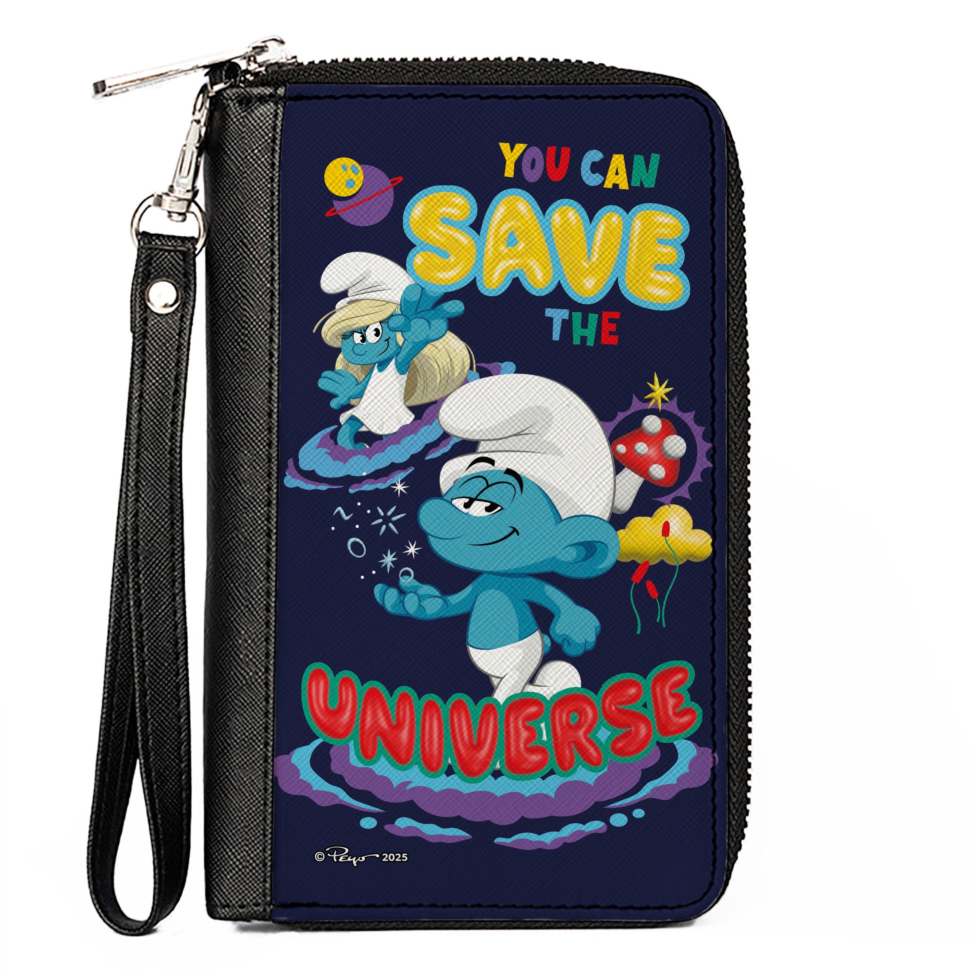 PU Zip Around Wallet Rectangle - The Smurfs Movie YOU CAN SAVE THE UNIVERSE Pose Blue Clutch Zip Around Wallets The Smurfs