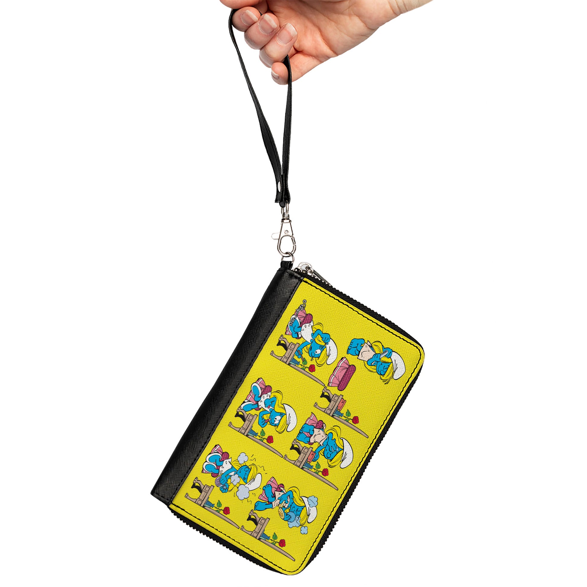 PU Zip Around Wallet Rectangle - The Smurfs Smurfette Make-Up Vanity Table Poses Yellow Clutch Zip Around Wallets The Smurfs