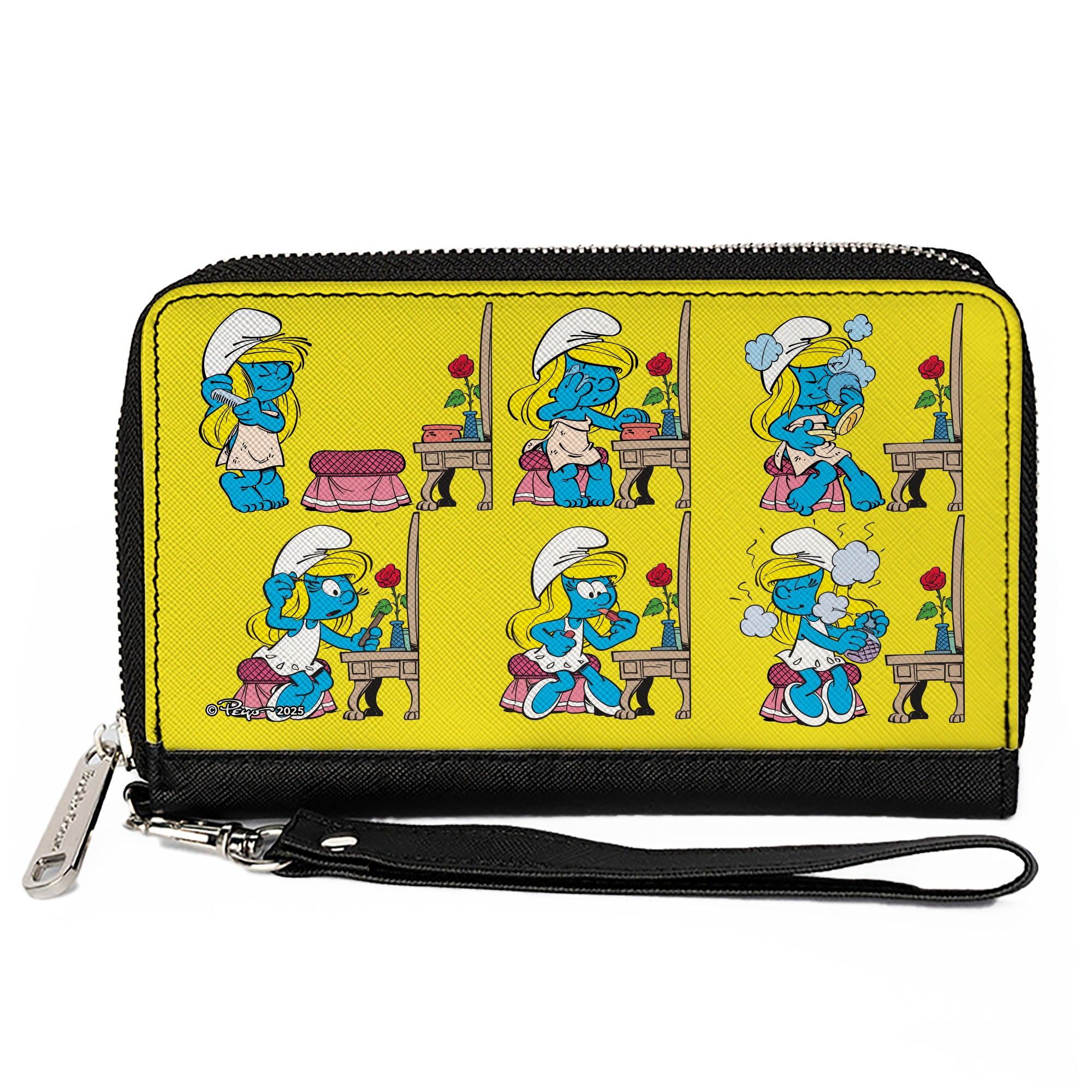 PU Zip Around Wallet Rectangle - The Smurfs Smurfette Make-Up Vanity Table Poses Yellow Clutch Zip Around Wallets The Smurfs