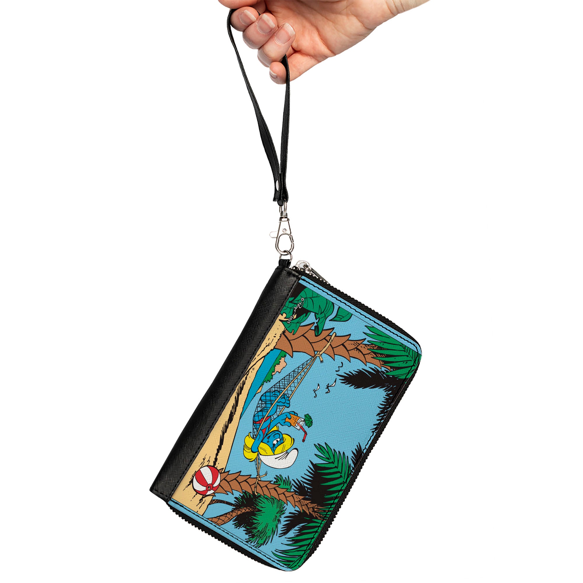 PU Zip Around Wallet Rectangle - The Smurfs Smurfette Summer Hammock Beach Scene Clutch Zip Around Wallets The Smurfs