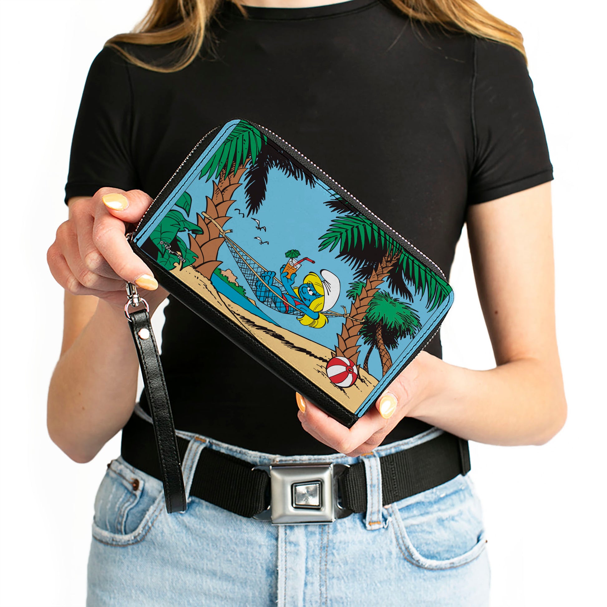 PU Zip Around Wallet Rectangle - The Smurfs Smurfette Summer Hammock Beach Scene Clutch Zip Around Wallets The Smurfs