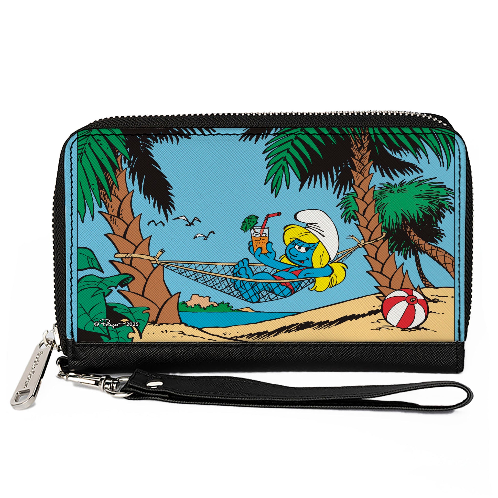 PU Zip Around Wallet Rectangle - The Smurfs Smurfette Summer Hammock Beach Scene Clutch Zip Around Wallets The Smurfs
