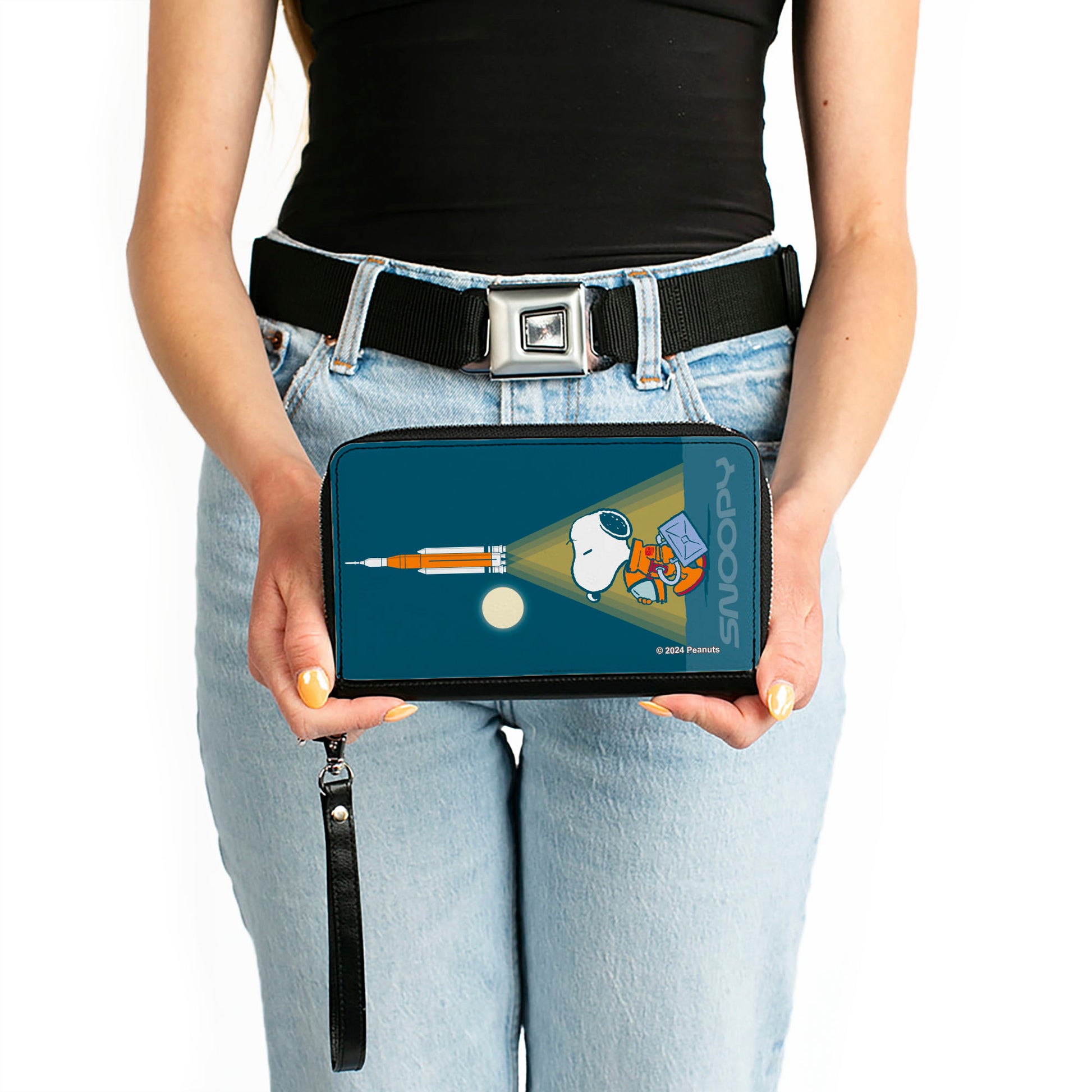 PU Zip Around Wallet Rectangle - Peanuts Astronaut Rocket Launch Snoopy Pose Blues Clutch Zip Around Wallets Peanuts
