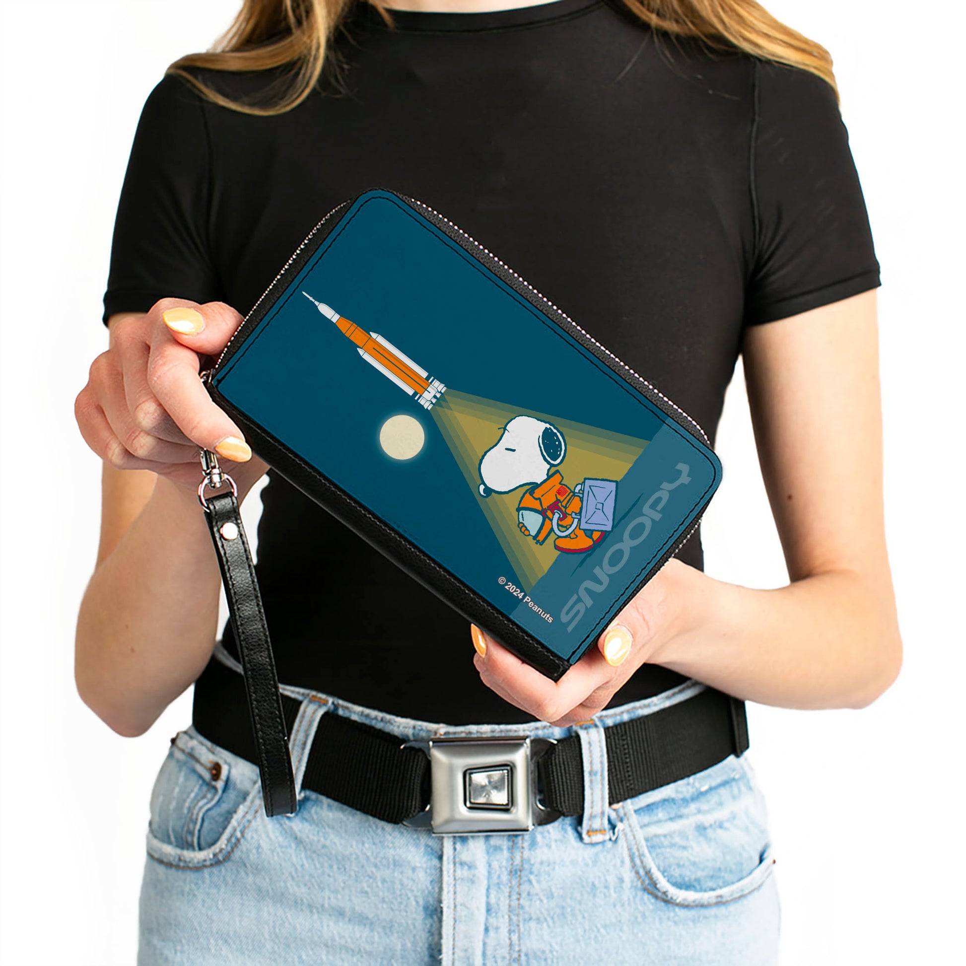 PU Zip Around Wallet Rectangle - Peanuts Astronaut Rocket Launch Snoopy Pose Blues Clutch Zip Around Wallets Peanuts