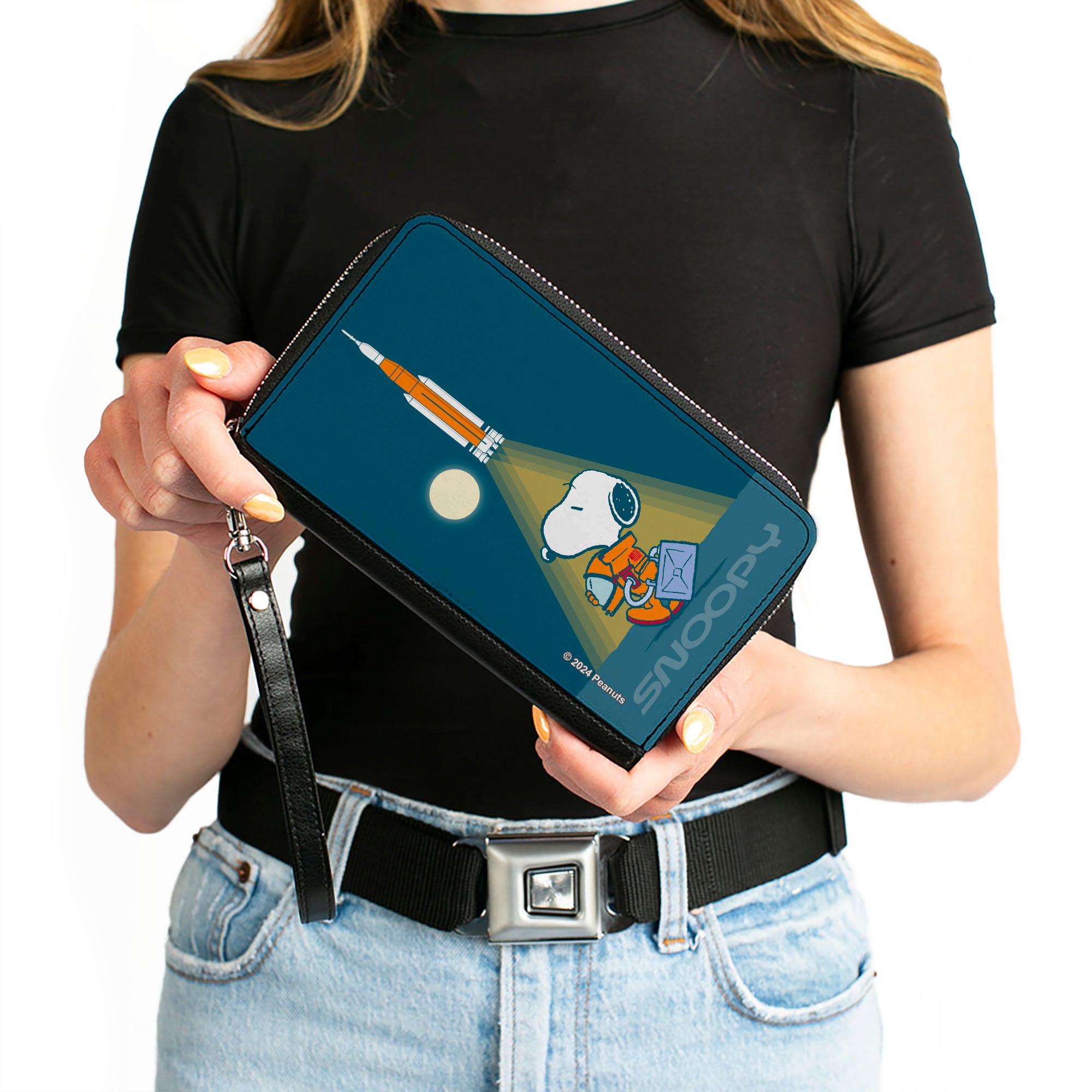 PU Zip Around Wallet Rectangle - Peanuts Astronaut Rocket Launch Snoopy Pose Blues Clutch Zip Around Wallets Peanuts