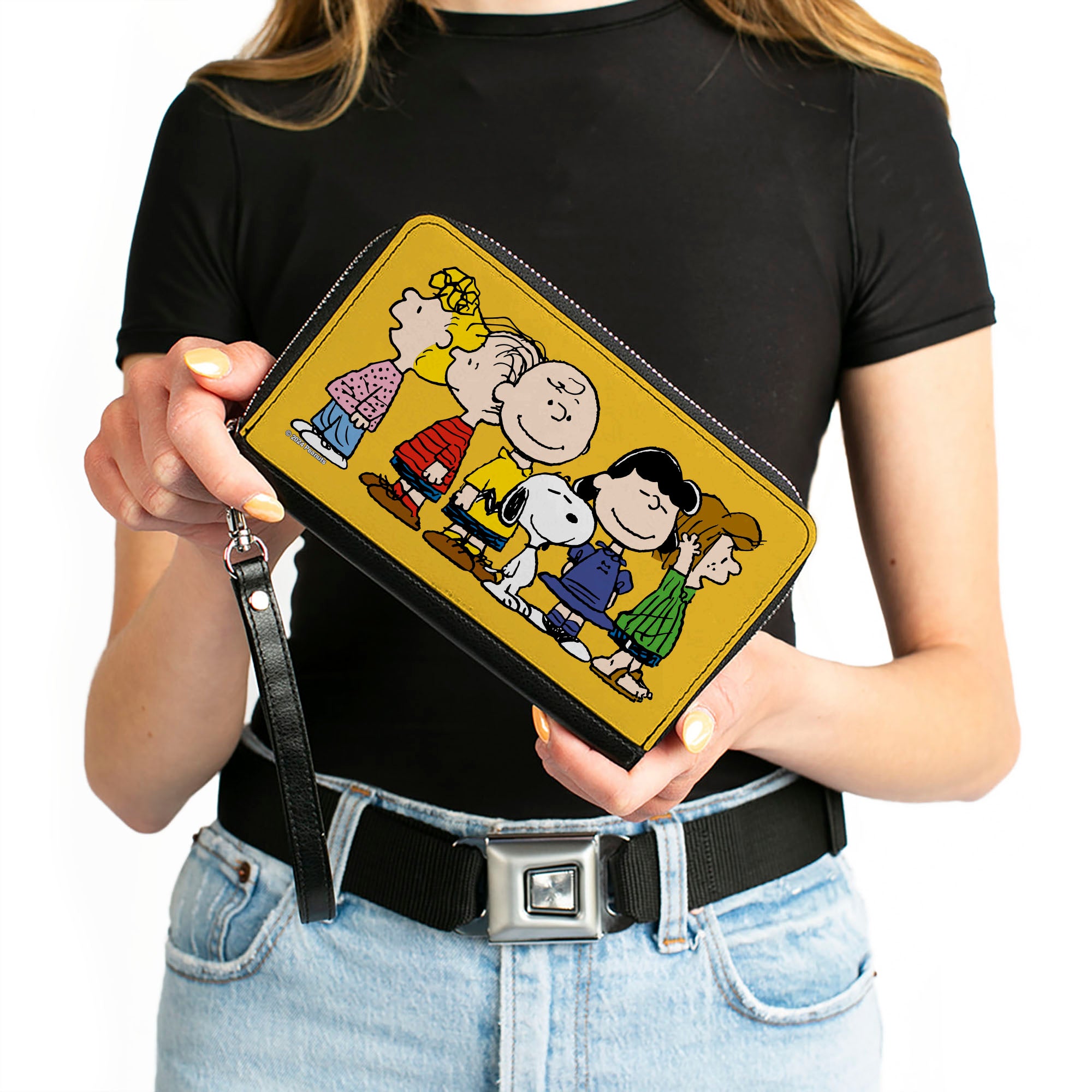 PU Zip Around Wallet Rectangle - Peanuts Gang Close-Up Group Pose Golden Yellow Clutch Zip Around Wallets Peanuts