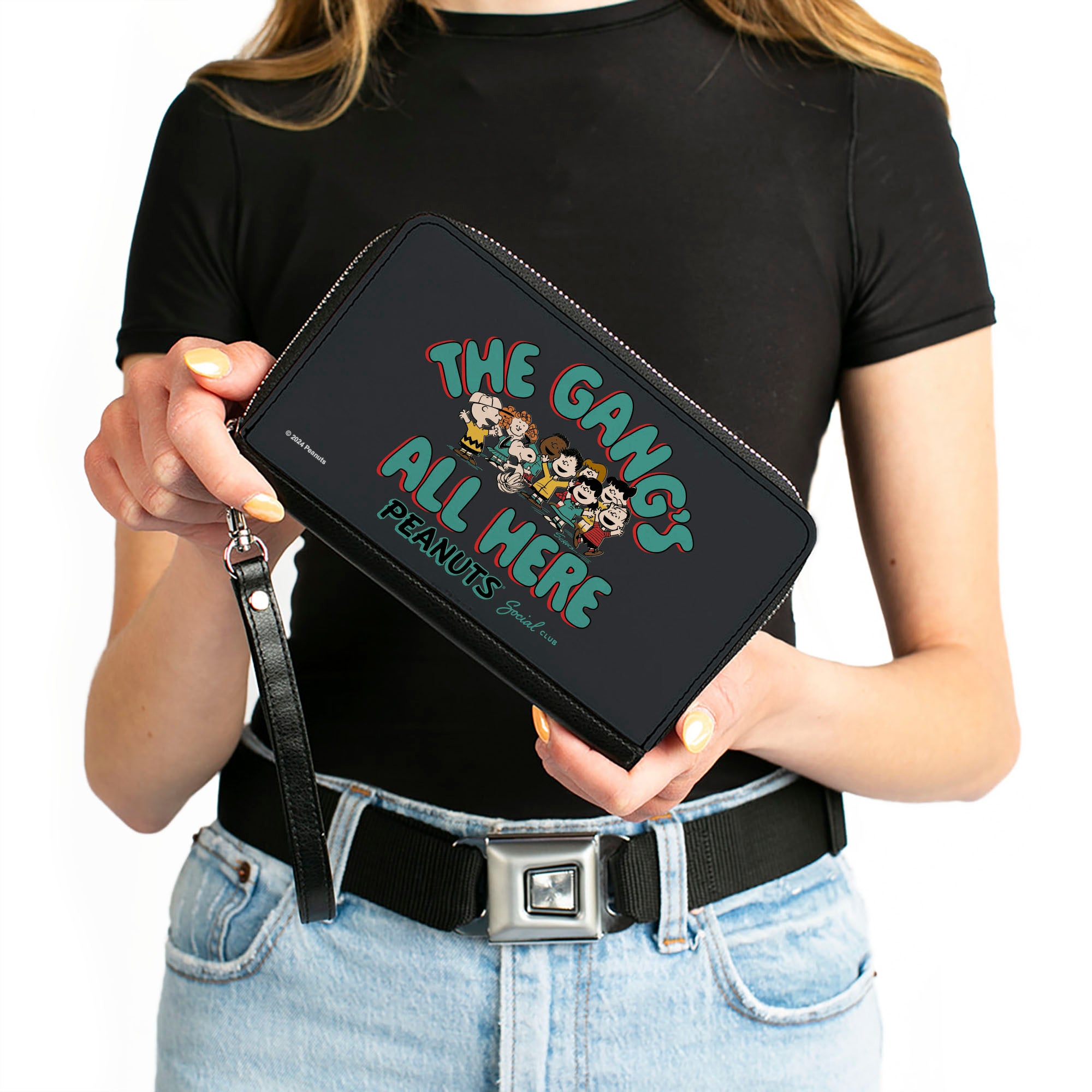 PU Zip Around Wallet Rectangle - Peanuts Gang THE GANG'S ALL HERE Group Pose Black/Blue Clutch Zip Around Wallets Peanuts