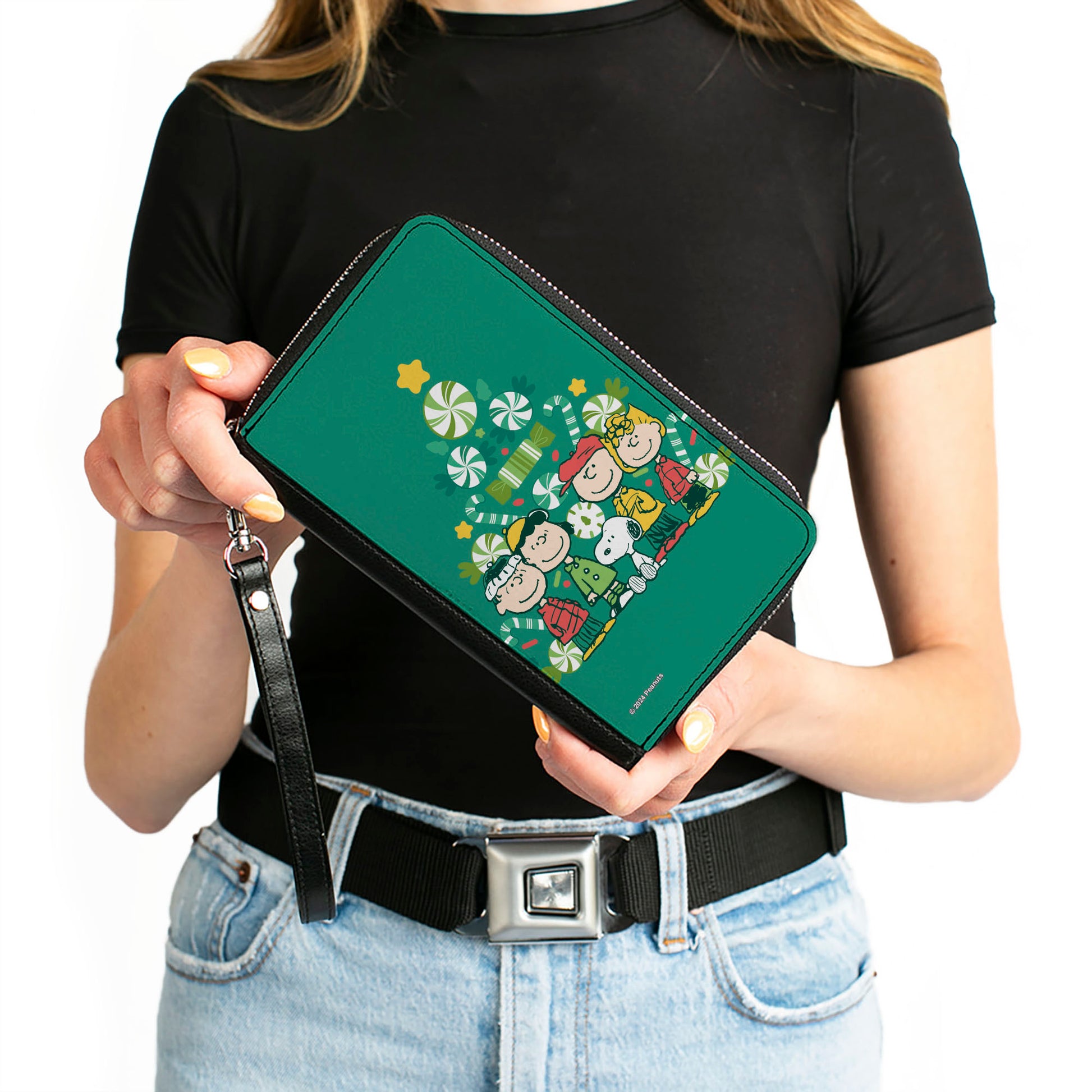PU Zip Around Wallet Rectangle - Peanuts Holiday Christmas Tree Group Pose Greens Clutch Zip Around Wallets Peanuts