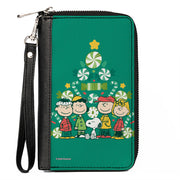 PU Zip Around Wallet Rectangle - Peanuts Holiday Christmas Tree Group Pose Greens Clutch Zip Around Wallets Peanuts