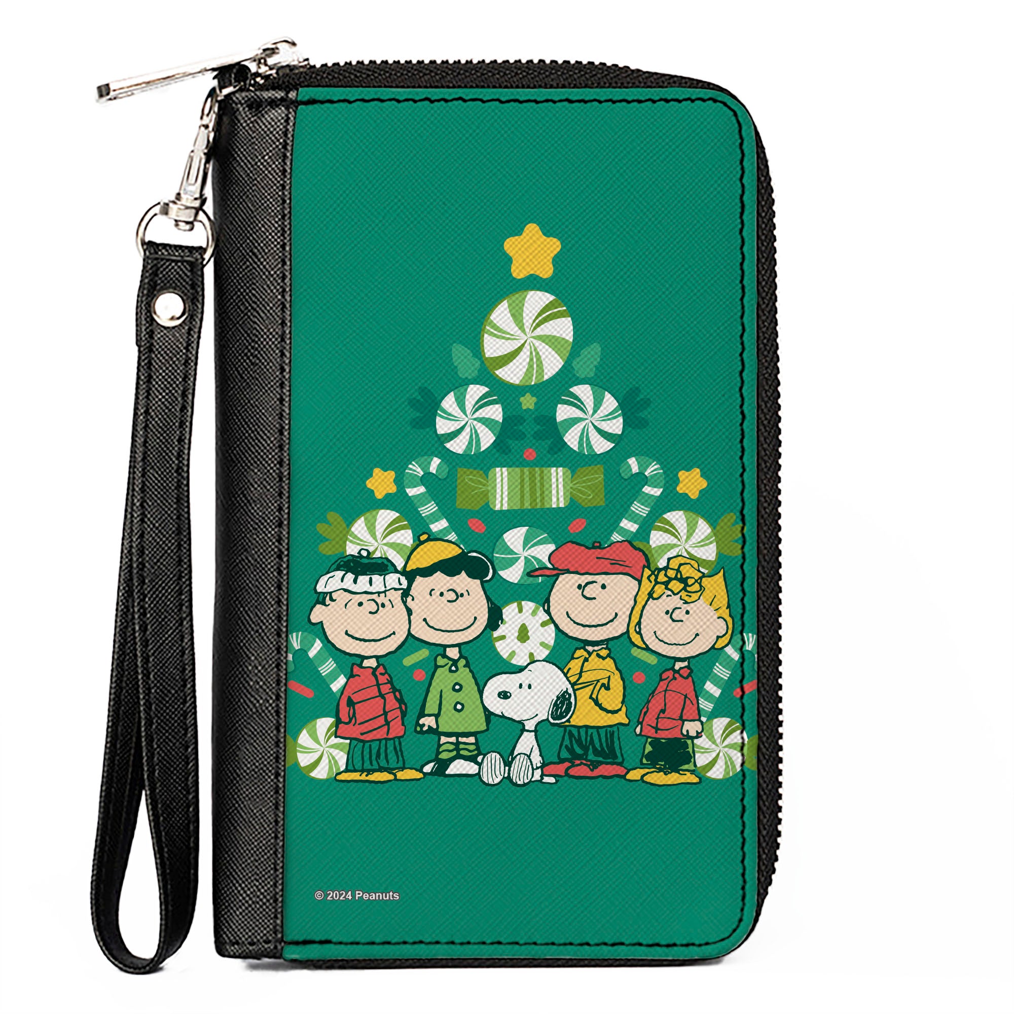 PU Zip Around Wallet Rectangle - Peanuts Holiday Christmas Tree Group Pose Greens Clutch Zip Around Wallets Peanuts