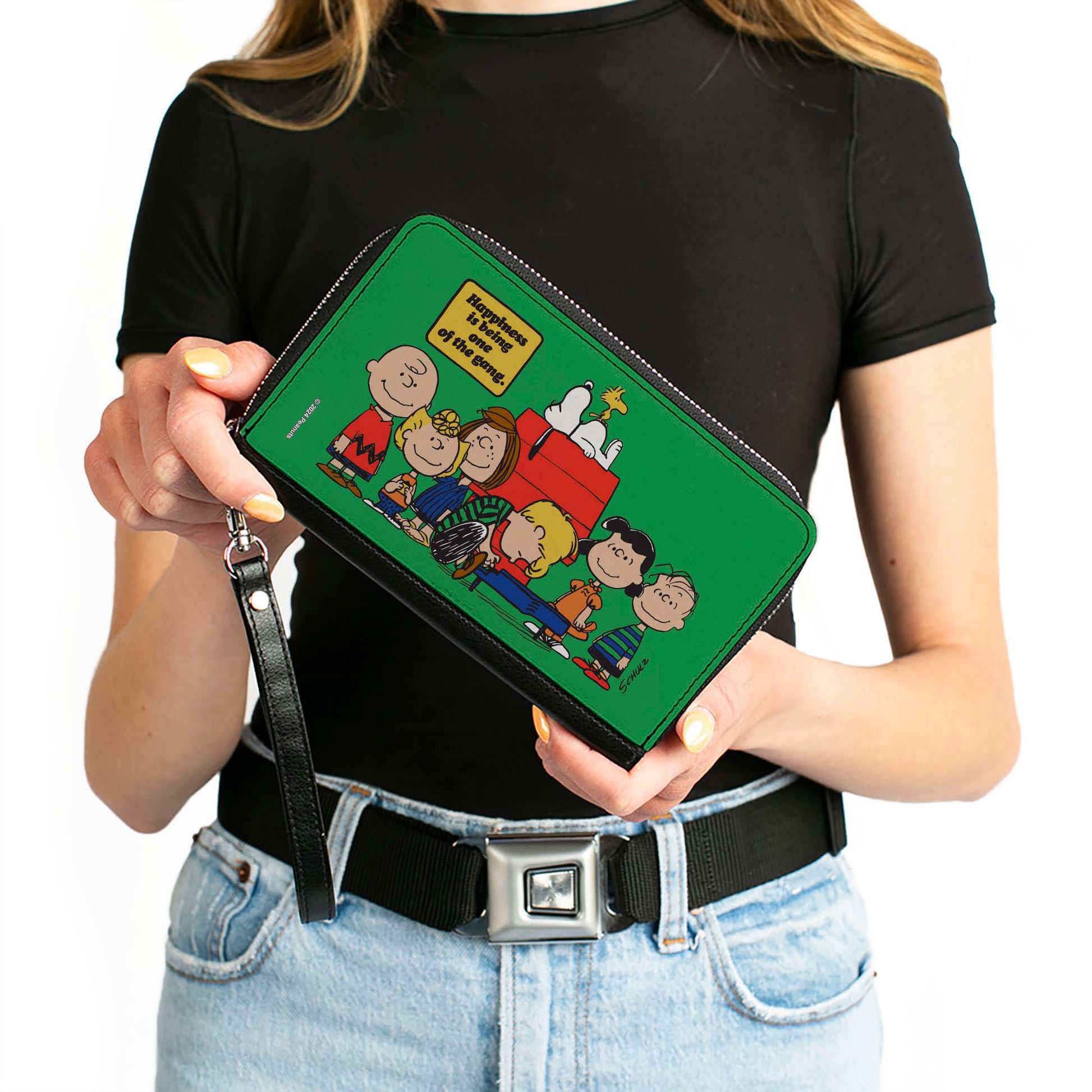PU Zip Around Wallet Rectangle - Peanuts Gang HAPINESS IS BEING ONE OF THE GANG Group Pose Green Clutch Zip Around Wallets Peanuts