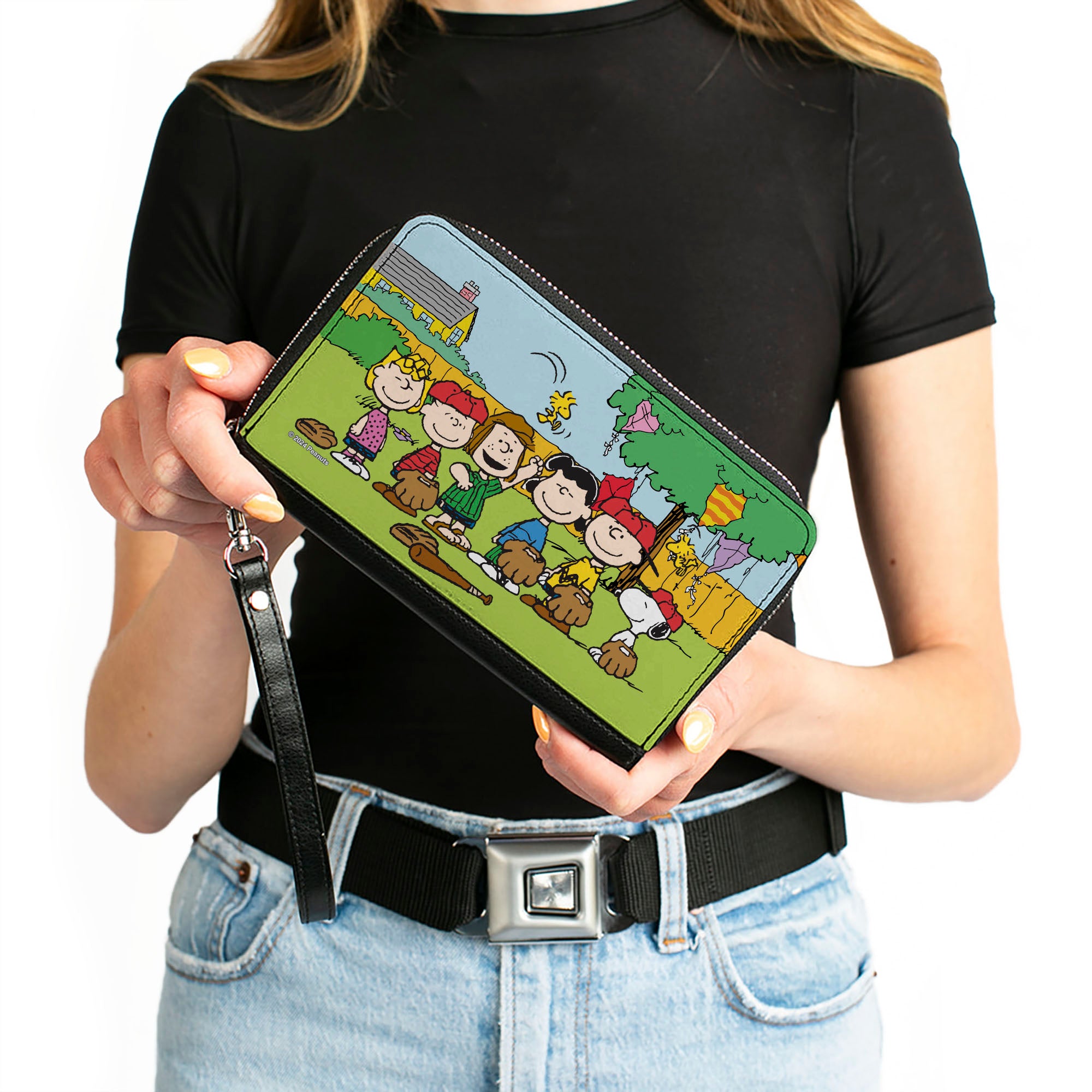 PU Zip Around Wallet Rectangle - Peanuts Gang Backyard Baseball Group Pose Clutch Zip Around Wallets Peanuts