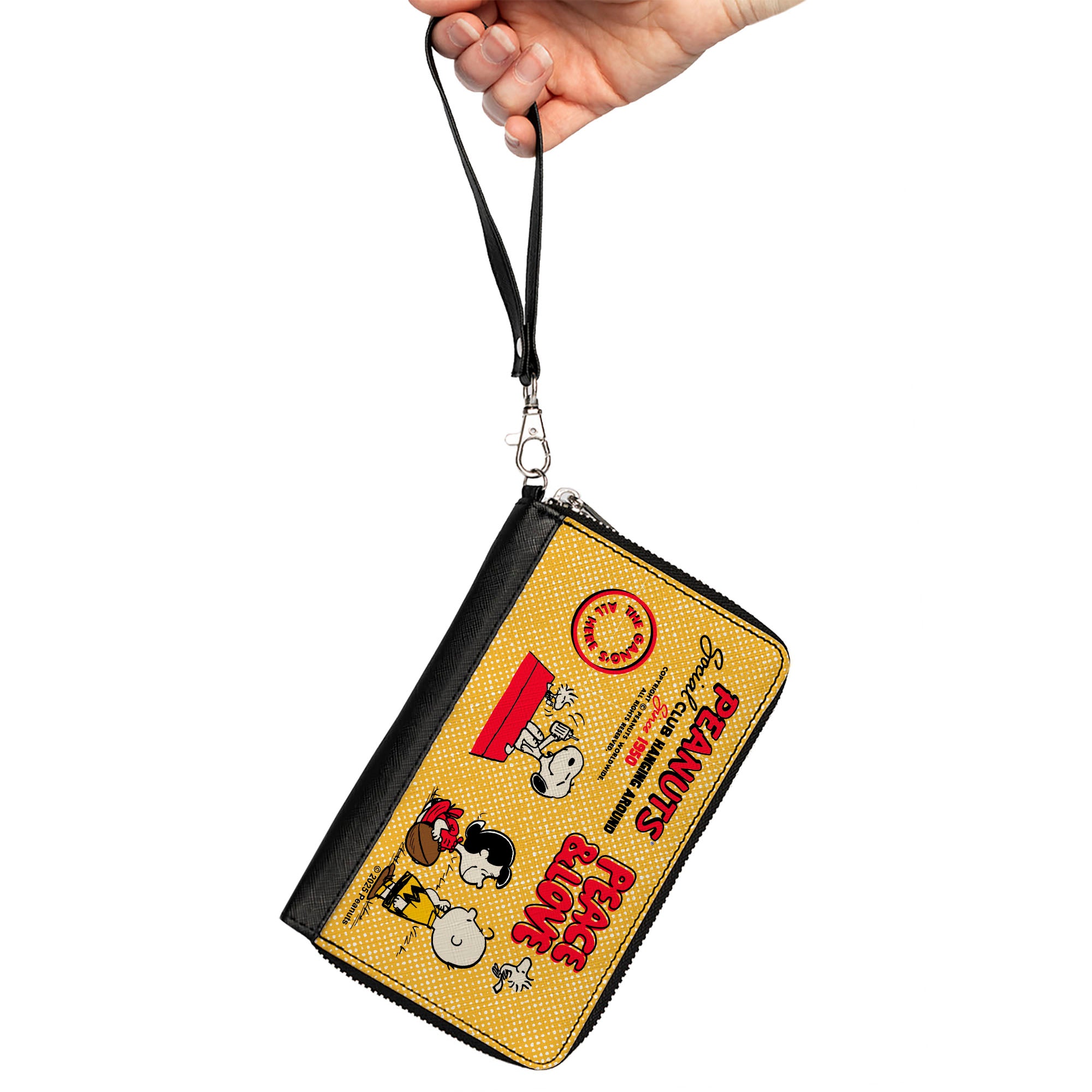 PU Zip Around Wallet Rectangle - PEANUTS SOCIAL CLUB PEACE & LOVE Scenes Yellow/Red Clutch Zip Around Wallets Peanuts