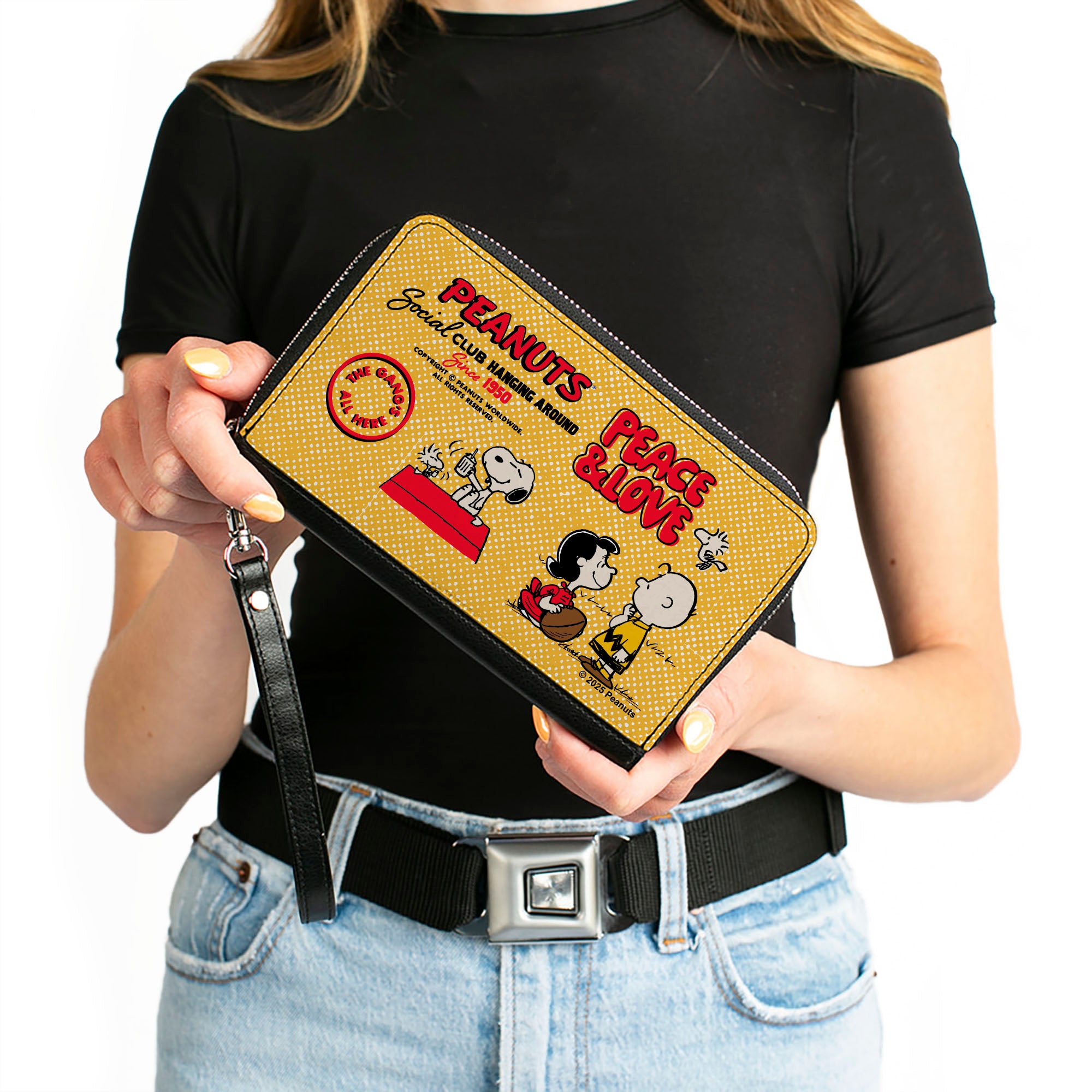 PU Zip Around Wallet Rectangle - PEANUTS SOCIAL CLUB PEACE & LOVE Scenes Yellow/Red Clutch Zip Around Wallets Peanuts