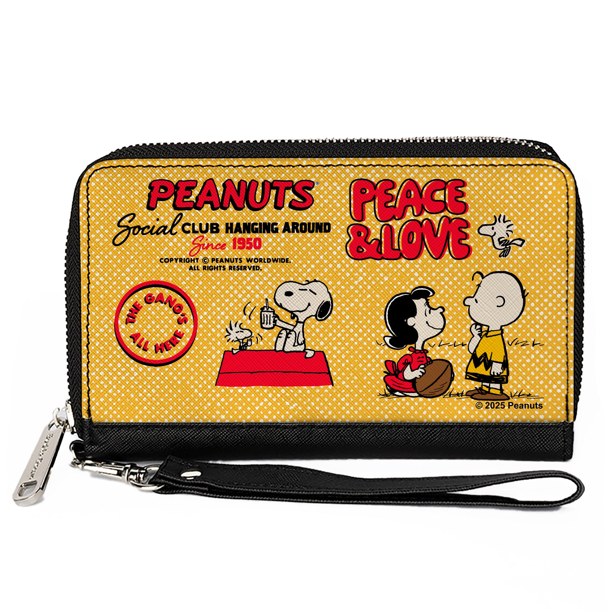 PU Zip Around Wallet Rectangle - PEANUTS SOCIAL CLUB PEACE & LOVE Scenes Yellow/Red Clutch Zip Around Wallets Peanuts