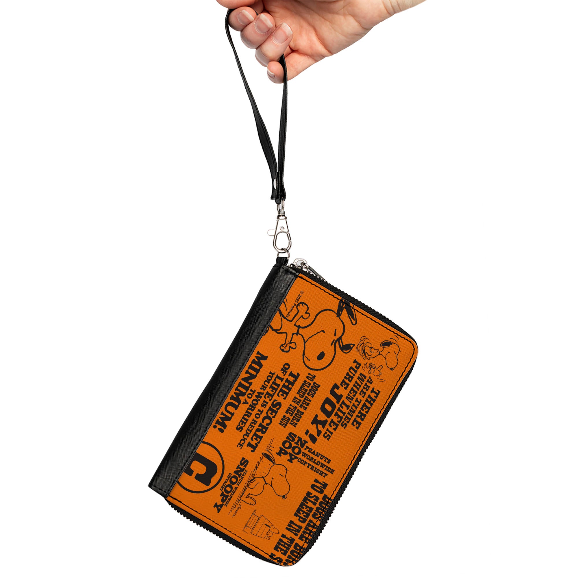 PU Zip Around Wallet Rectangle - Snoopy Poses and Quotes Collage Orange/Black Clutch Zip Around Wallets Peanuts