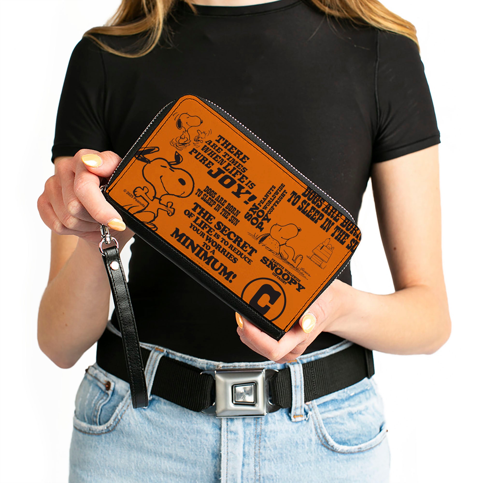 PU Zip Around Wallet Rectangle - Snoopy Poses and Quotes Collage Orange/Black Clutch Zip Around Wallets Peanuts