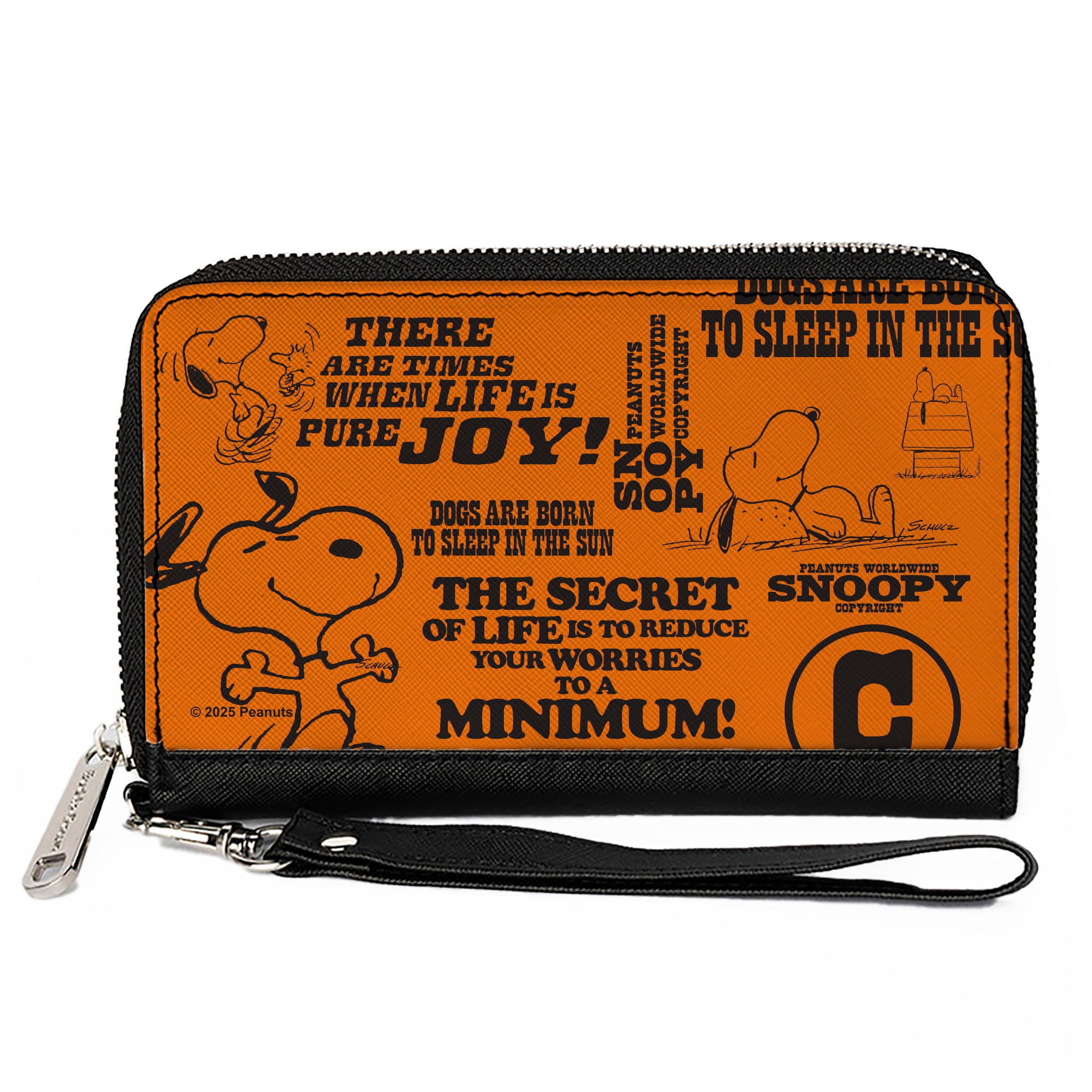 PU Zip Around Wallet Rectangle - Snoopy Poses and Quotes Collage Orange/Black Clutch Zip Around Wallets Peanuts