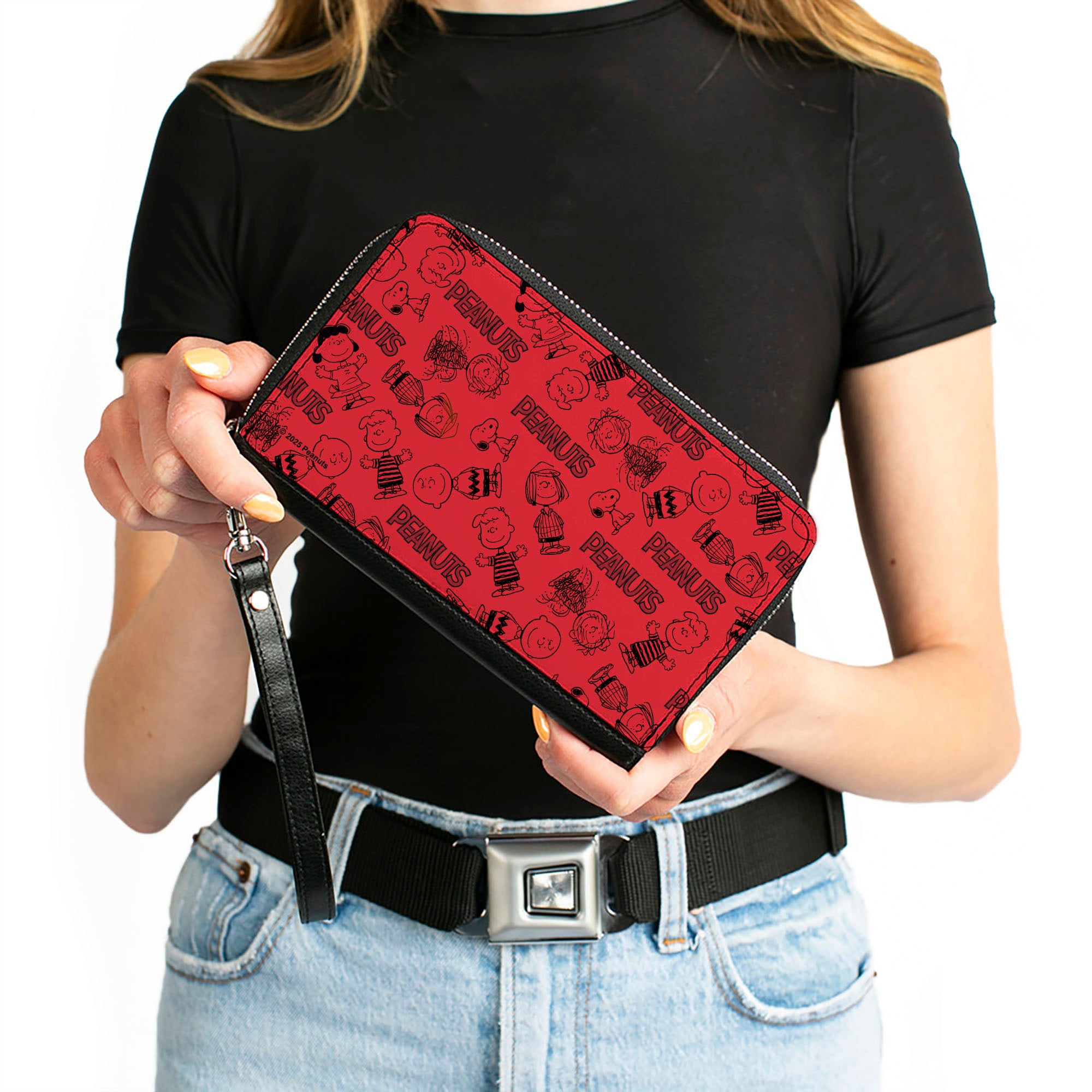 PU Zip Around Wallet Rectangle - PEANUTS Gang Six Character and Title Logo Collage Red/Black Clutch Zip Around Wallets Peanuts