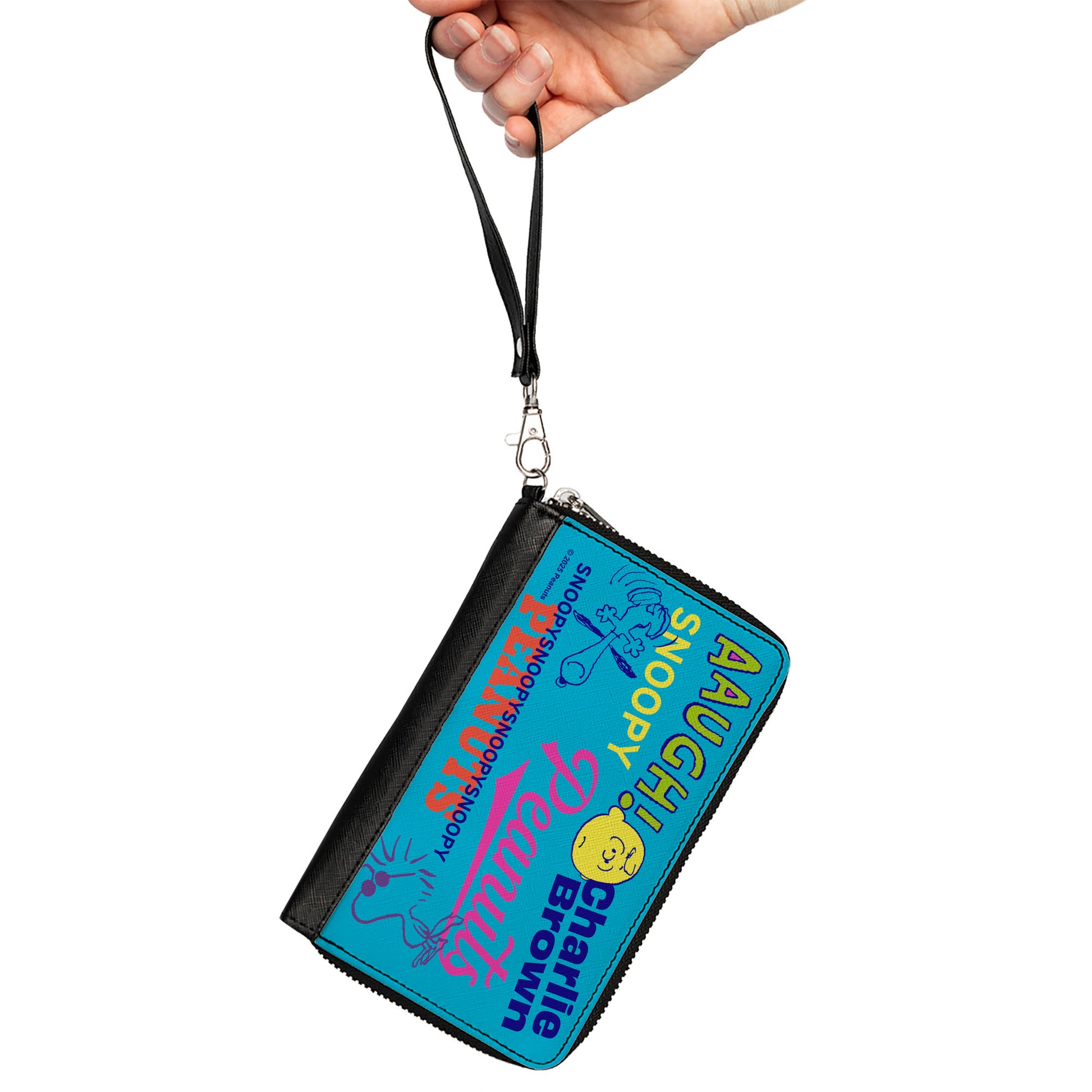 PU Zip Around Wallet Rectangle - PEANUTS Charlie Brown Snoopy and Woodstock Typography Collage Blue/Multi Color Clutch Zip Around Wallets Peanuts