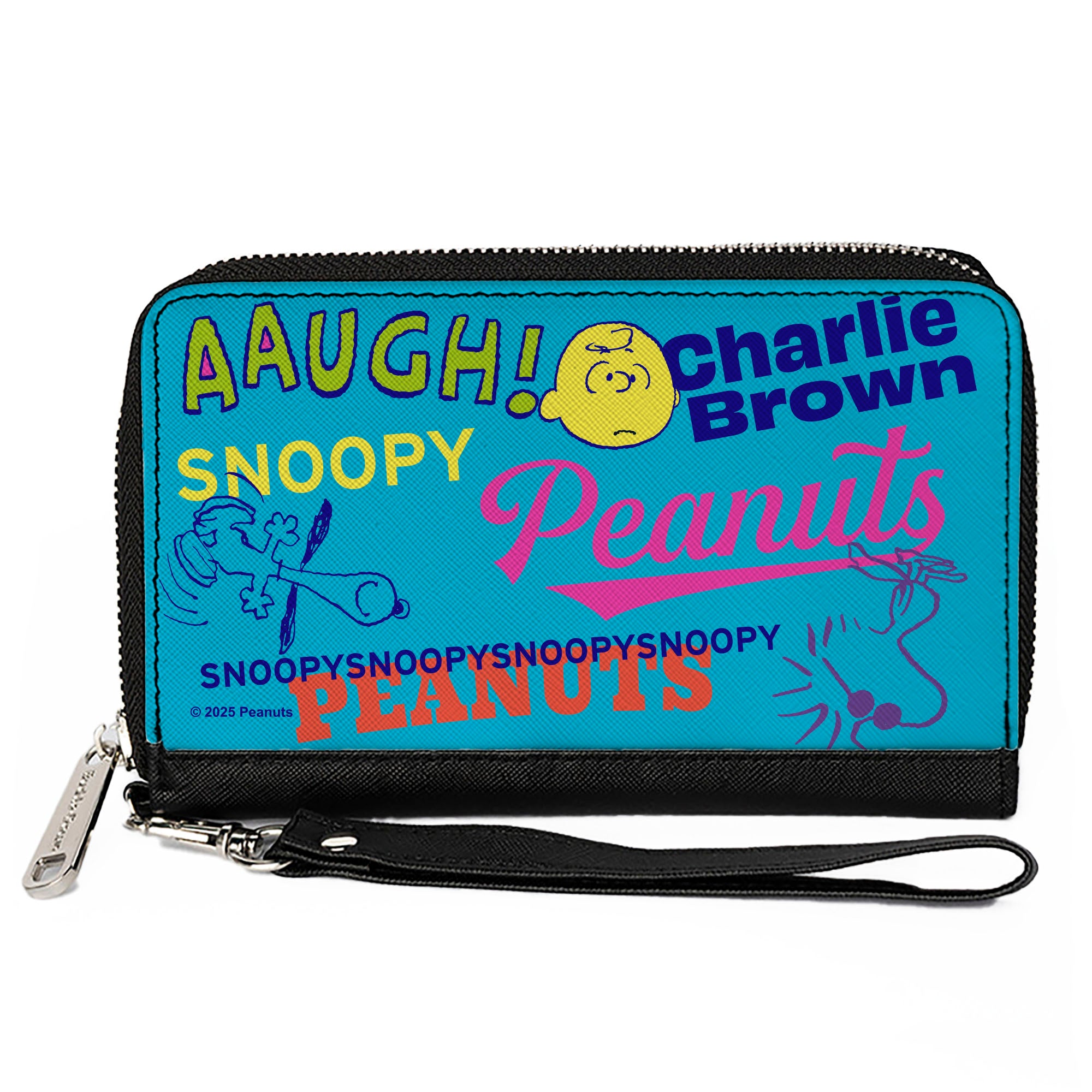 PU Zip Around Wallet Rectangle - PEANUTS Charlie Brown Snoopy and Woodstock Typography Collage Blue/Multi Color Clutch Zip Around Wallets Peanuts
