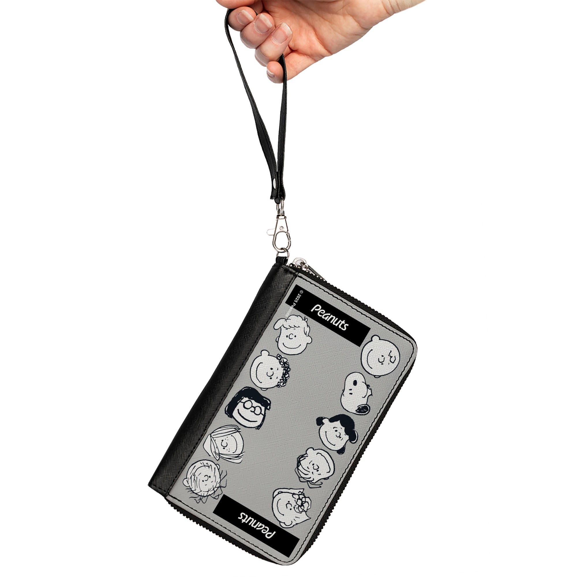 PU Zip Around Wallet Rectangle - Peanuts Gang Ten Character Faces Gray/Black/White Clutch Zip Around Wallets Peanuts