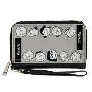 PU Zip Around Wallet Rectangle - Peanuts Gang Ten Character Faces Gray/Black/White Clutch Zip Around Wallets Peanuts
