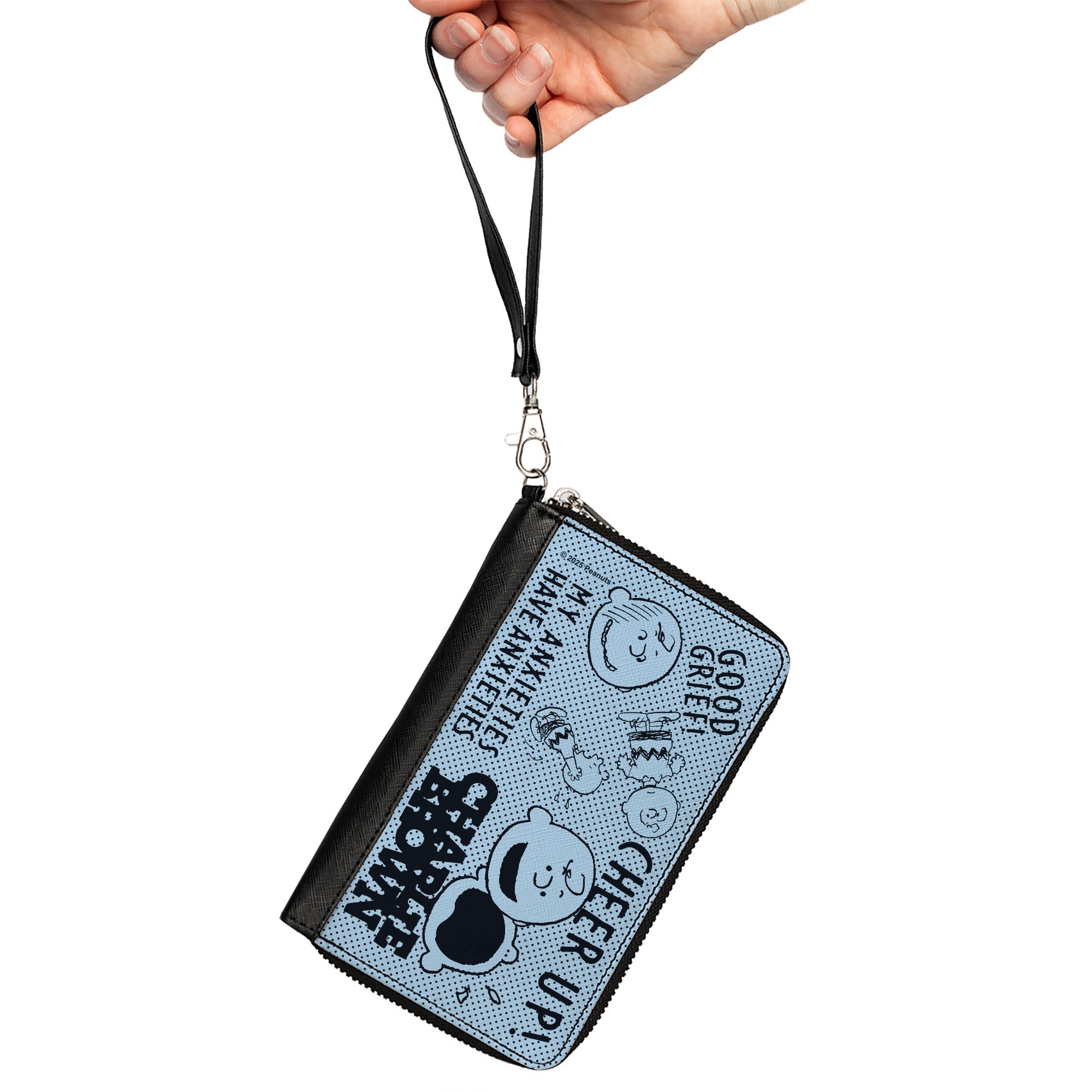PU Zip Around Wallet Rectangle - CHARLIE BROWN Poses and Quotes Baby Blue/Black Clutch Zip Around Wallets Peanuts