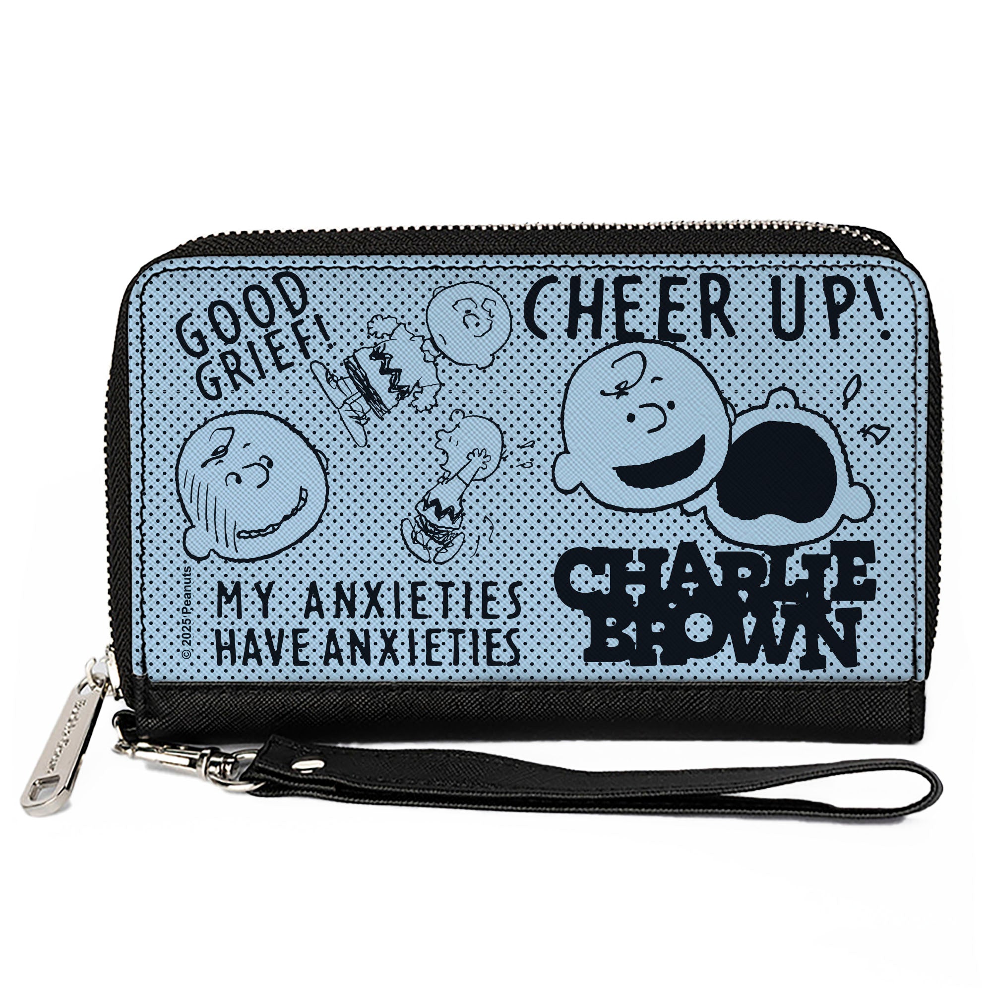 PU Zip Around Wallet Rectangle - CHARLIE BROWN Poses and Quotes Baby Blue/Black Clutch Zip Around Wallets Peanuts