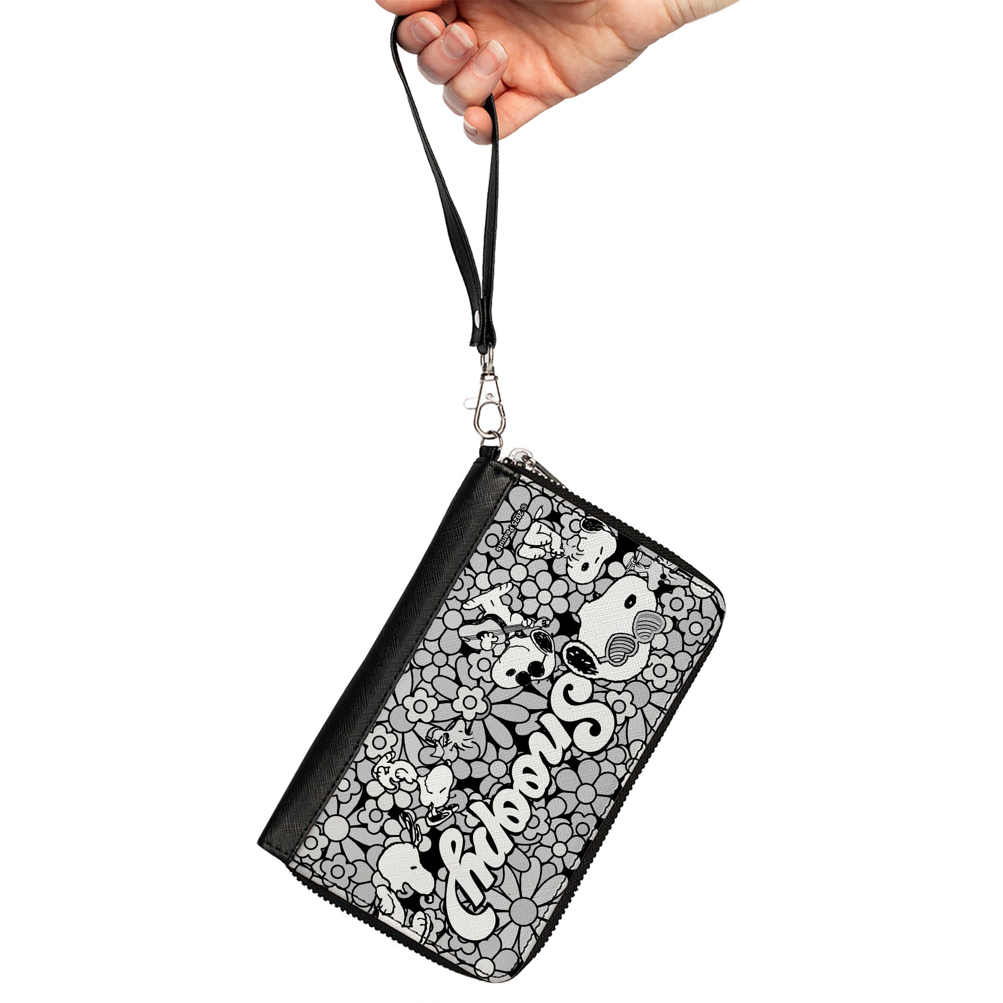 PU Zip Around Wallet Rectangle - Snoopy Poses and Daisy Flowers Collage Black/Grays/White Clutch Zip Around Wallets Peanuts
