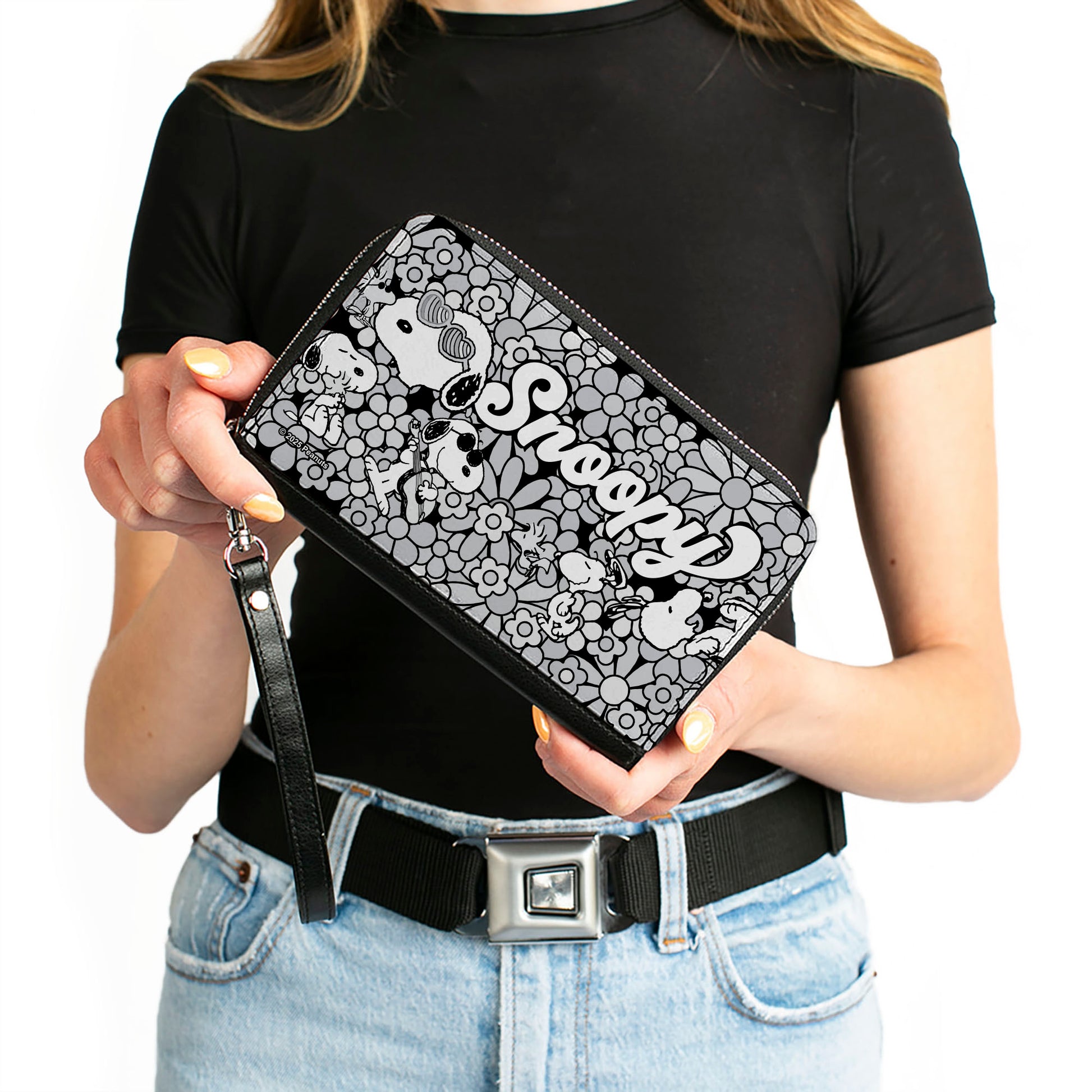 PU Zip Around Wallet Rectangle - Snoopy Poses and Daisy Flowers Collage Black/Grays/White Clutch Zip Around Wallets Peanuts