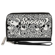 PU Zip Around Wallet Rectangle - Snoopy Poses and Daisy Flowers Collage Black/Grays/White Clutch Zip Around Wallets Peanuts
