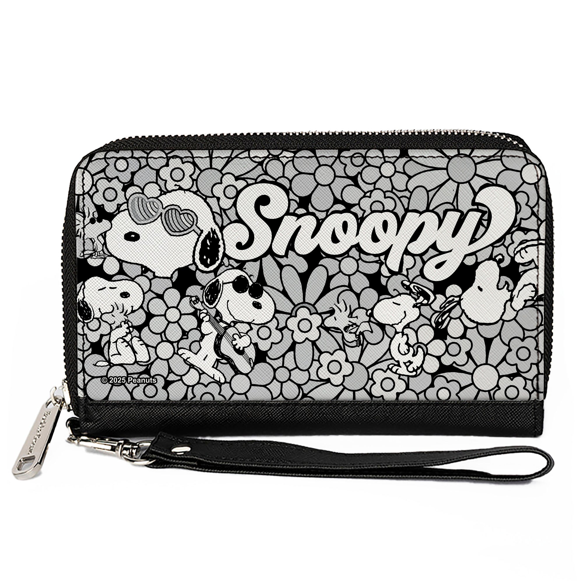 PU Zip Around Wallet Rectangle - Snoopy Poses and Daisy Flowers Collage Black/Grays/White Clutch Zip Around Wallets Peanuts