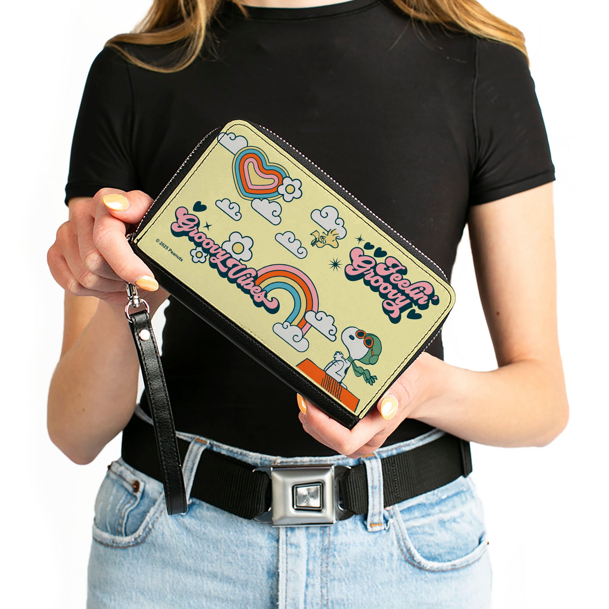 PU Zip Around Wallet Rectangle - Peanuts Snoopy Flying Ace and Woodstock GROOVY Quotes Collage Yellow Clutch Zip Around Wallets Peanuts