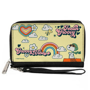 PU Zip Around Wallet Rectangle - Peanuts Snoopy Flying Ace and Woodstock GROOVY Quotes Collage Yellow Clutch Zip Around Wallets Peanuts