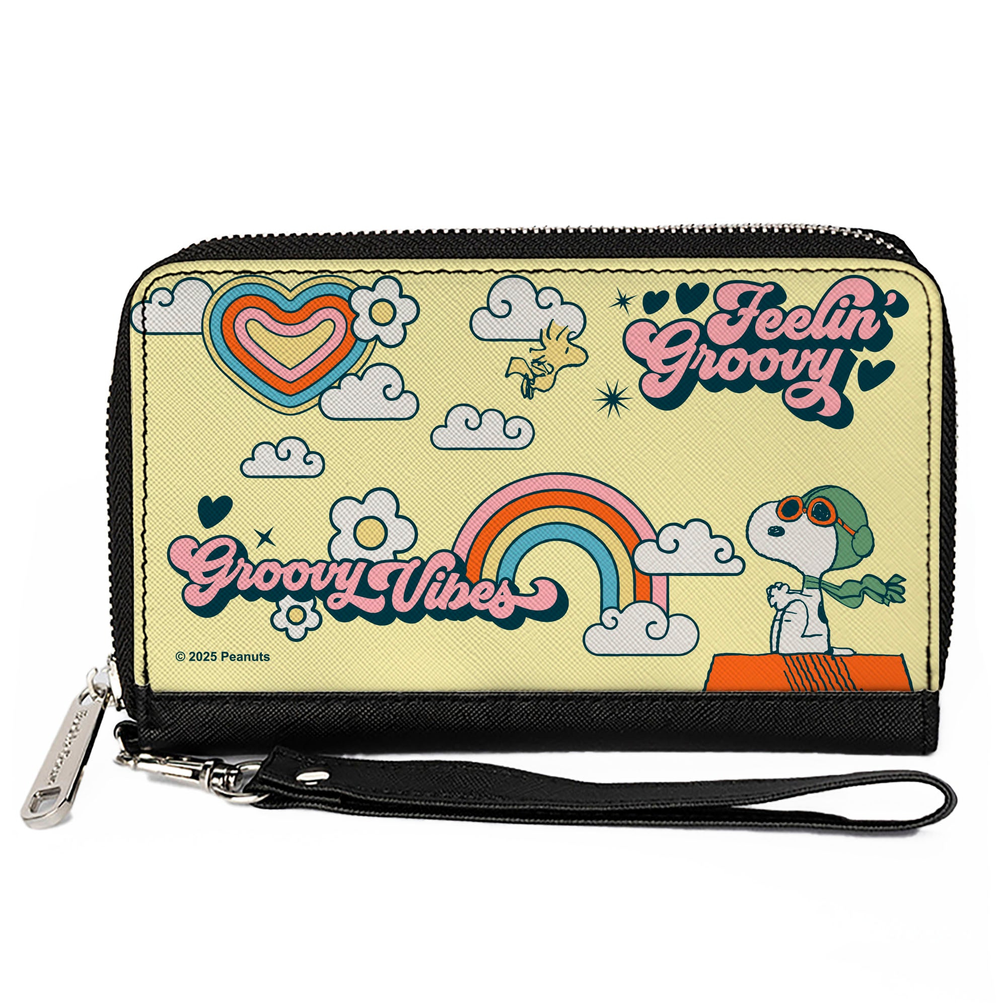 PU Zip Around Wallet Rectangle - Peanuts Snoopy Flying Ace and Woodstock GROOVY Quotes Collage Yellow Clutch Zip Around Wallets Peanuts