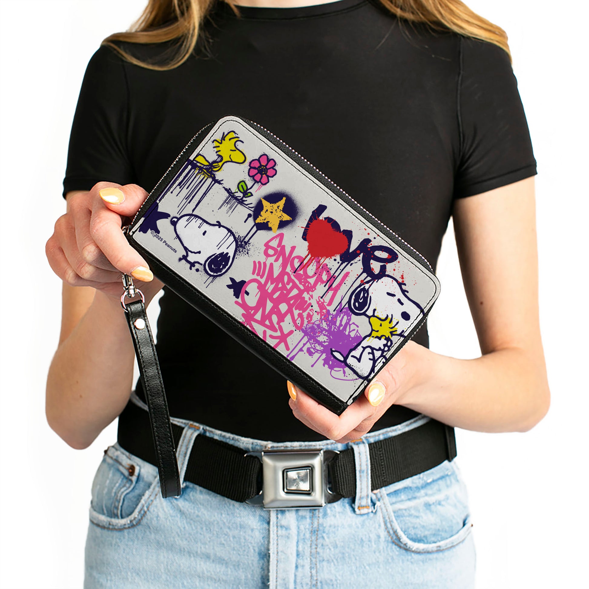 PU Zip Around Wallet Rectangle - Peanuts Snoopy and Woodstock Graffiti Collage White/Multi Color Clutch Zip Around Wallets Peanuts