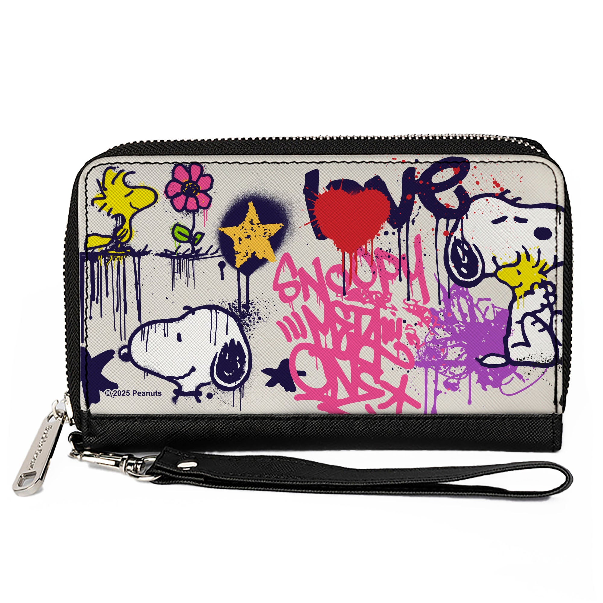 PU Zip Around Wallet Rectangle - Peanuts Snoopy and Woodstock Graffiti Collage White/Multi Color Clutch Zip Around Wallets Peanuts