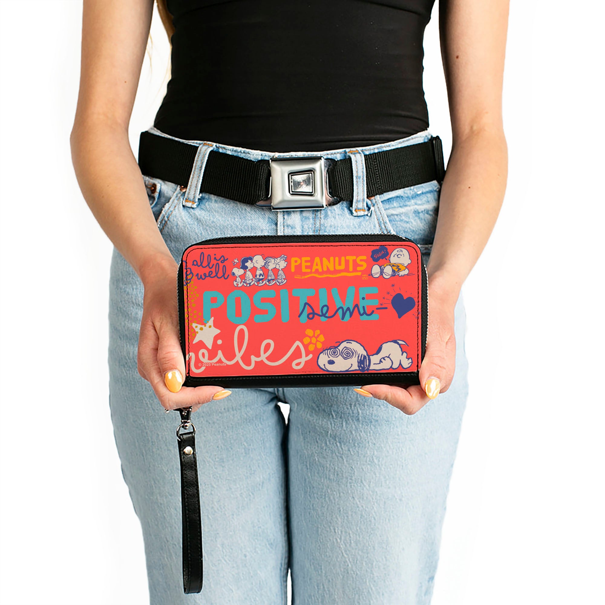 PU Zip Around Wallet Rectangle - Peanuts Gang SEMI-POSITIVE VIBES Poses Red/Blues/White Clutch Zip Around Wallets Peanuts