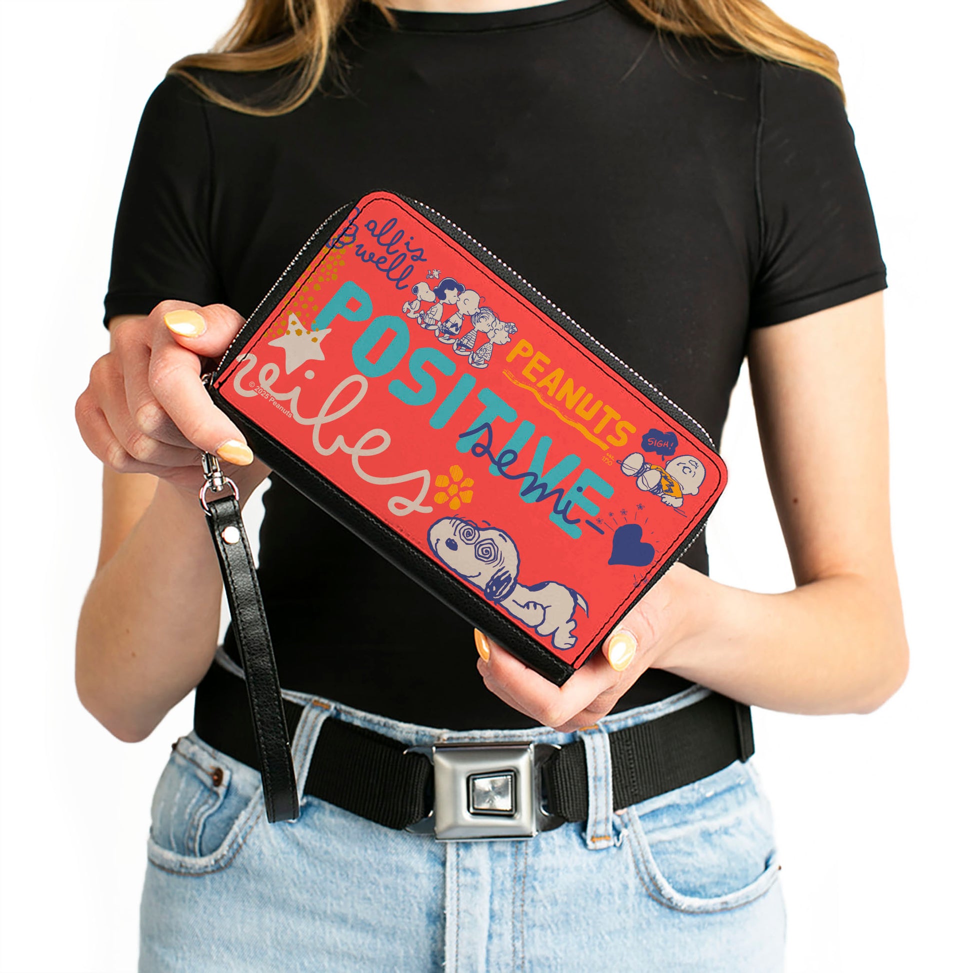 PU Zip Around Wallet Rectangle - Peanuts Gang SEMI-POSITIVE VIBES Poses Red/Blues/White Clutch Zip Around Wallets Peanuts