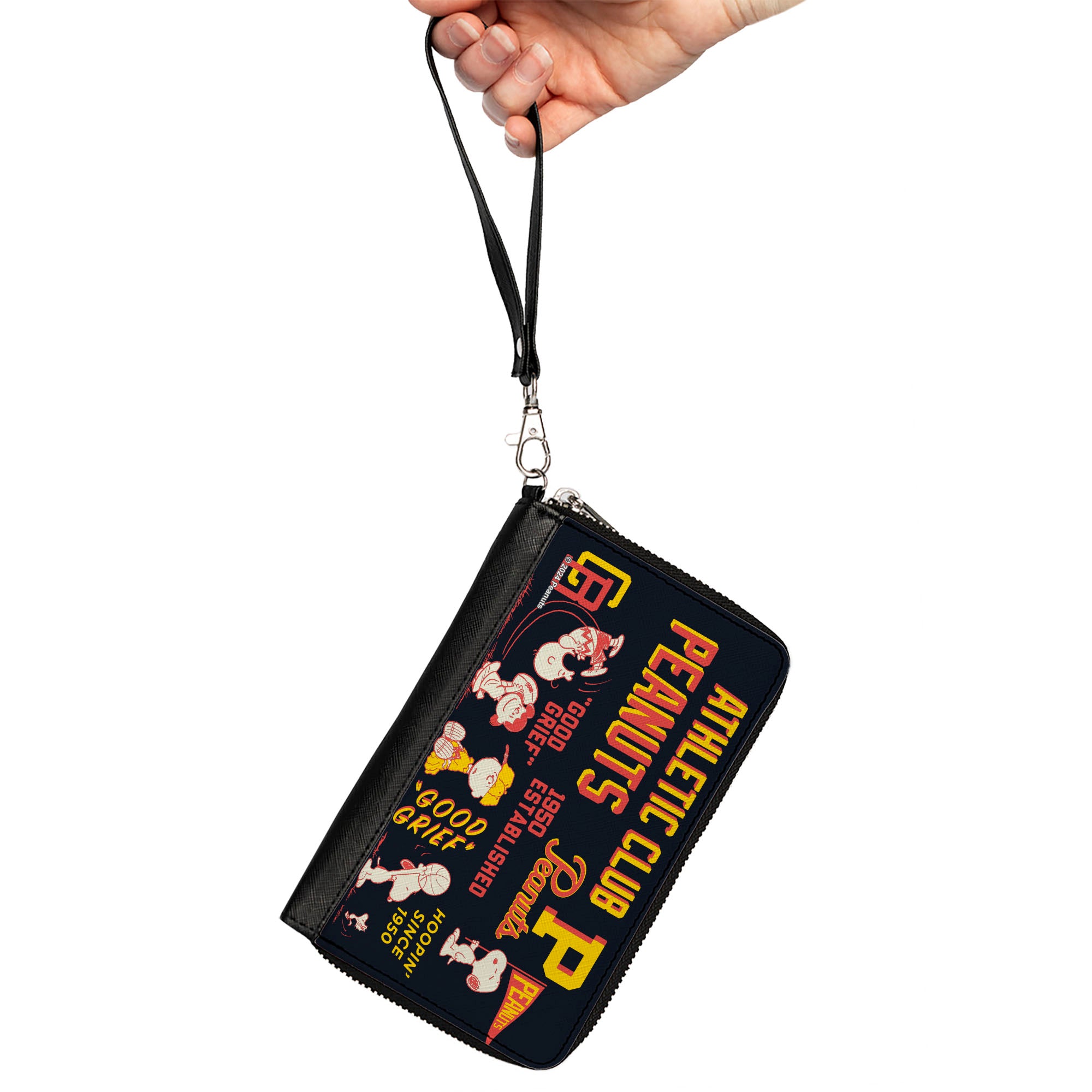 PU Zip Around Wallet Rectangle - PEANUTS ATHLETIC CLUB Varsity Poses and Quotes Collage Black/Red/Yellow Clutch Zip Around Wallets Peanuts