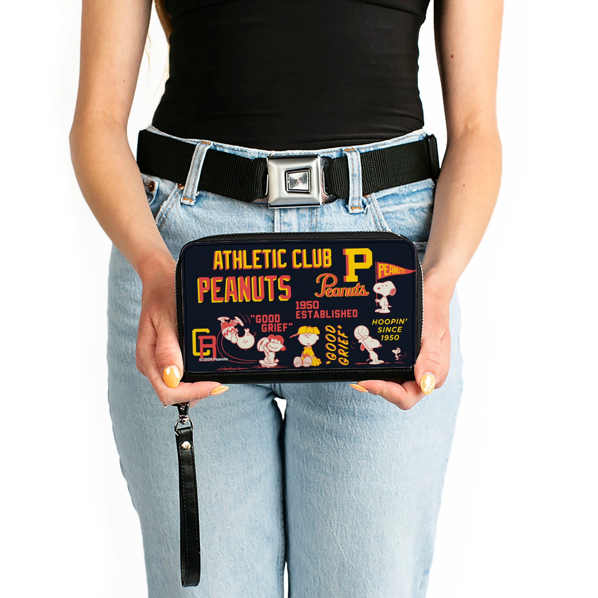 PU Zip Around Wallet Rectangle - PEANUTS ATHLETIC CLUB Varsity Poses and Quotes Collage Black/Red/Yellow Clutch Zip Around Wallets Peanuts