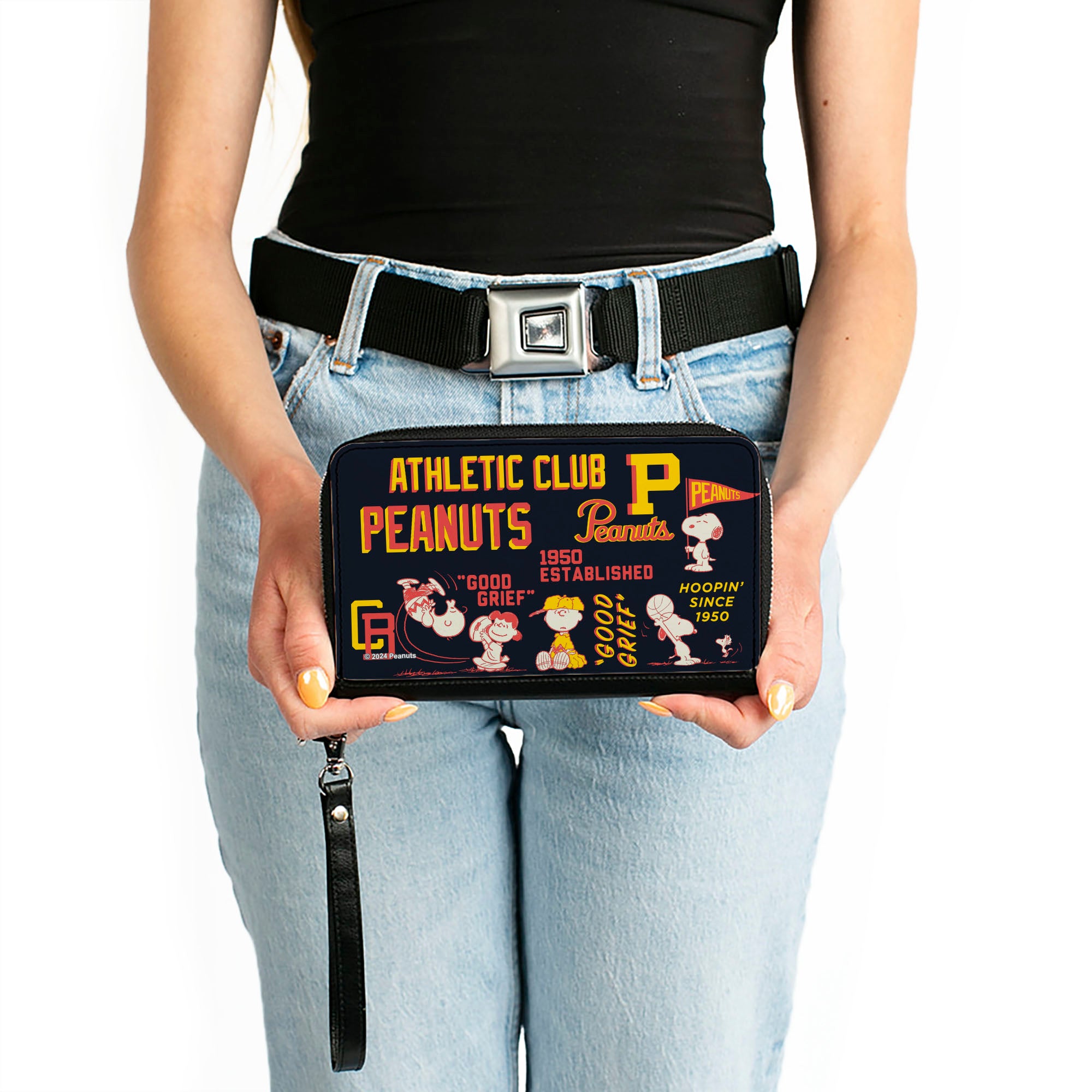 PU Zip Around Wallet Rectangle - PEANUTS ATHLETIC CLUB Varsity Poses and Quotes Collage Black/Red/Yellow Clutch Zip Around Wallets Peanuts
