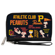 PU Zip Around Wallet Rectangle - PEANUTS ATHLETIC CLUB Varsity Poses and Quotes Collage Black/Red/Yellow Clutch Zip Around Wallets Peanuts